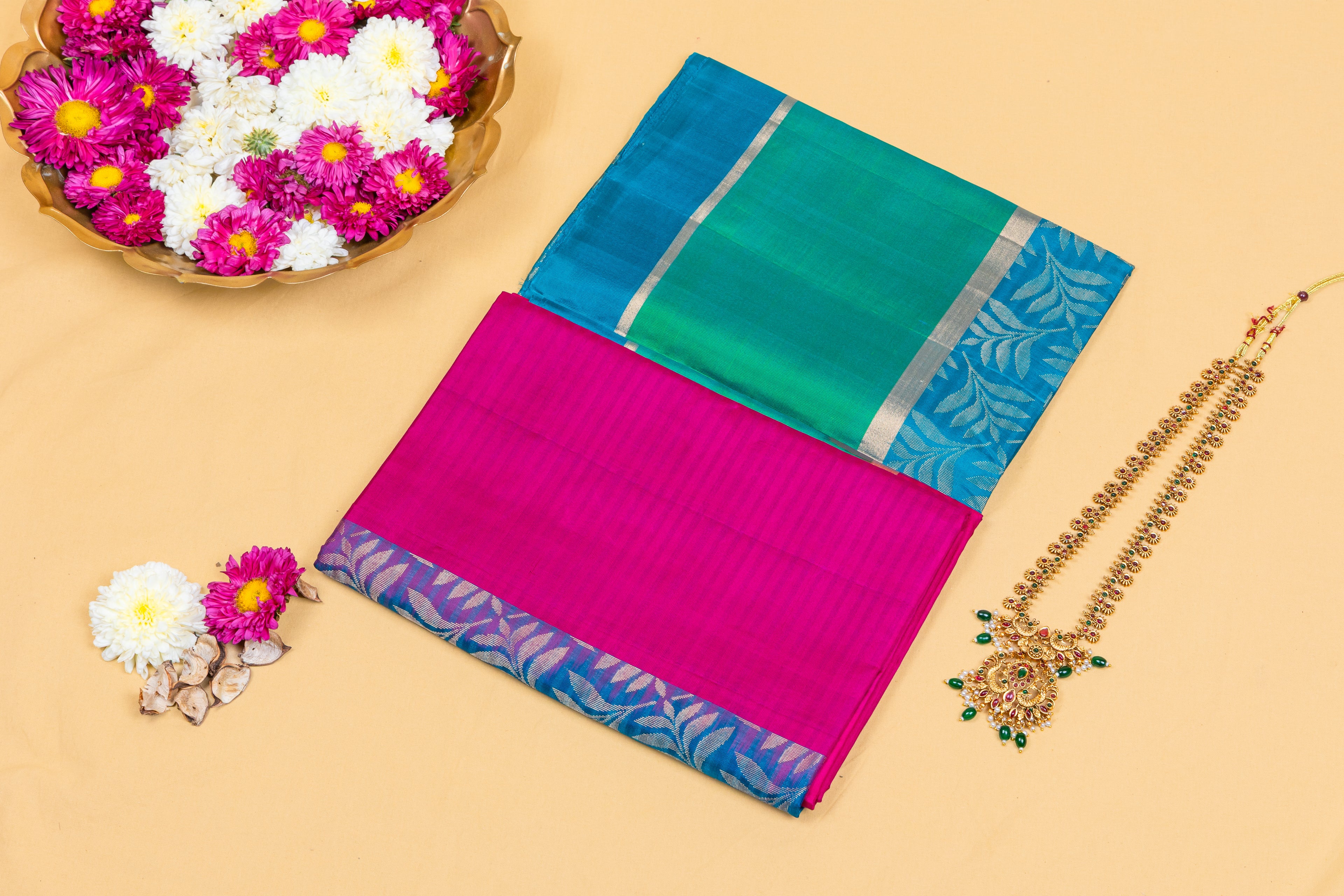Peacock Teal & Magenta Silk Saree