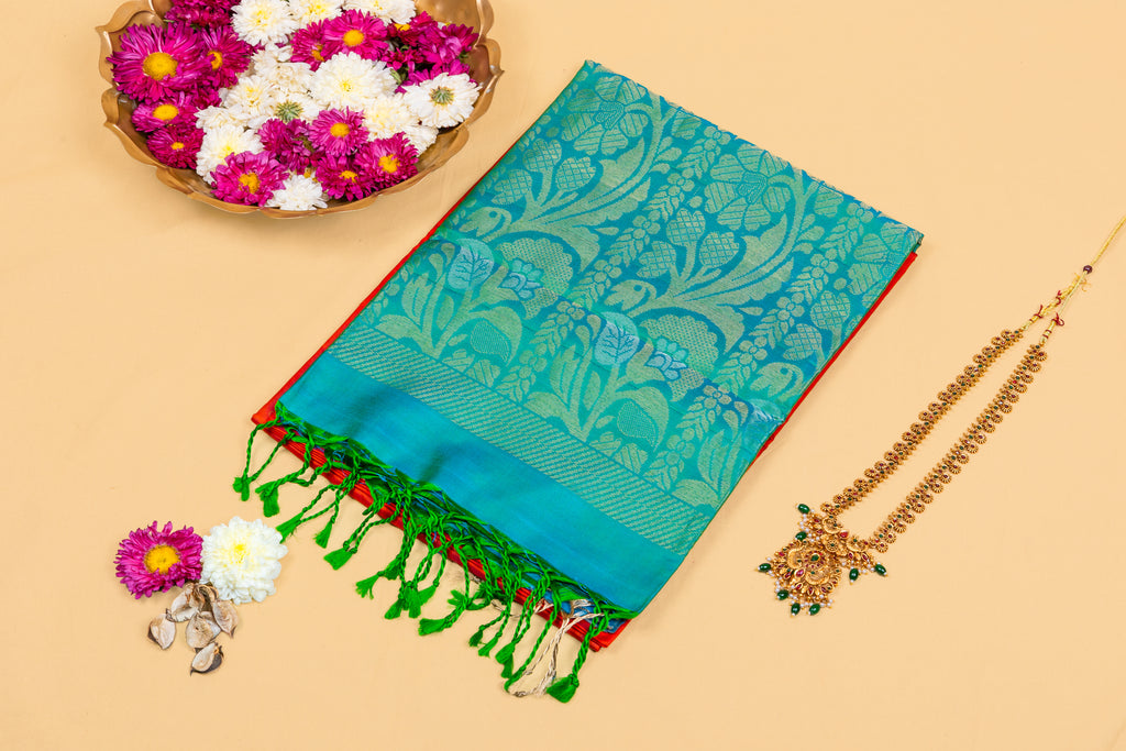 Mayura Teal Pallu—Red Silk Saree