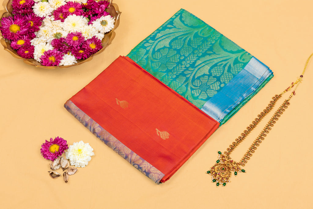 Mayura Teal Pallu—Red Silk Saree