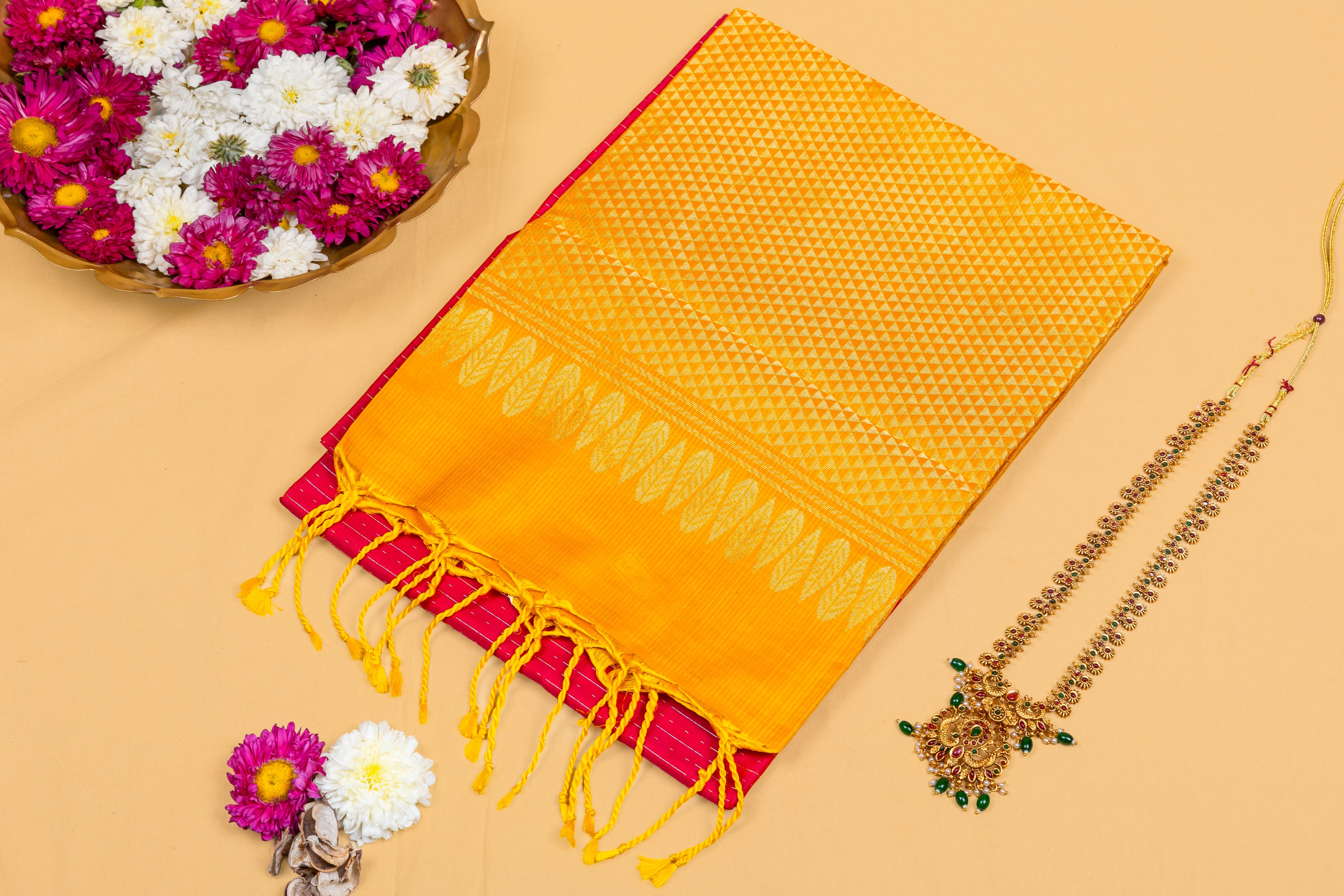 Golden Jaal—Fuchsia Contrast Silk Saree