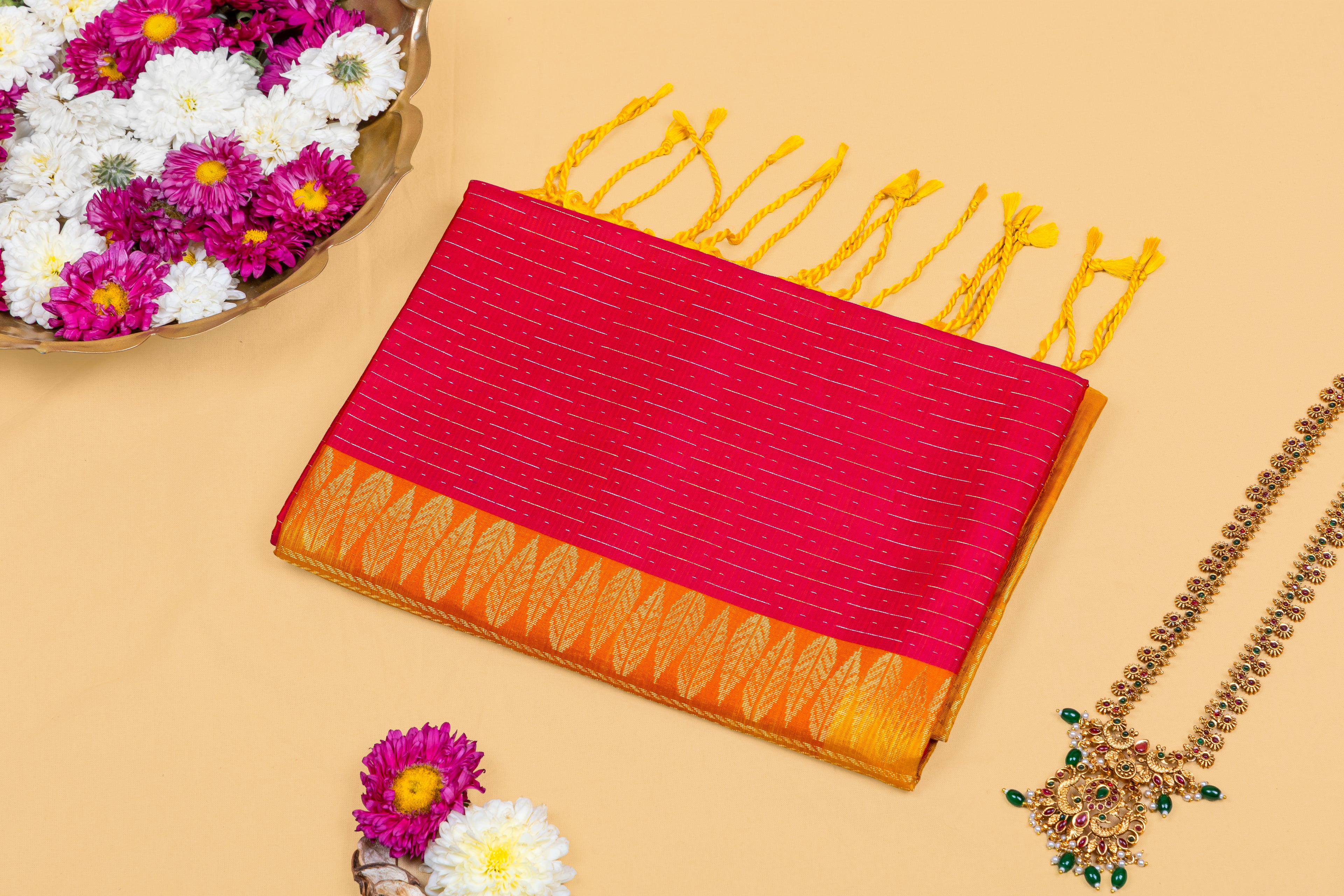 Golden Jaal—Fuchsia Contrast Silk Saree