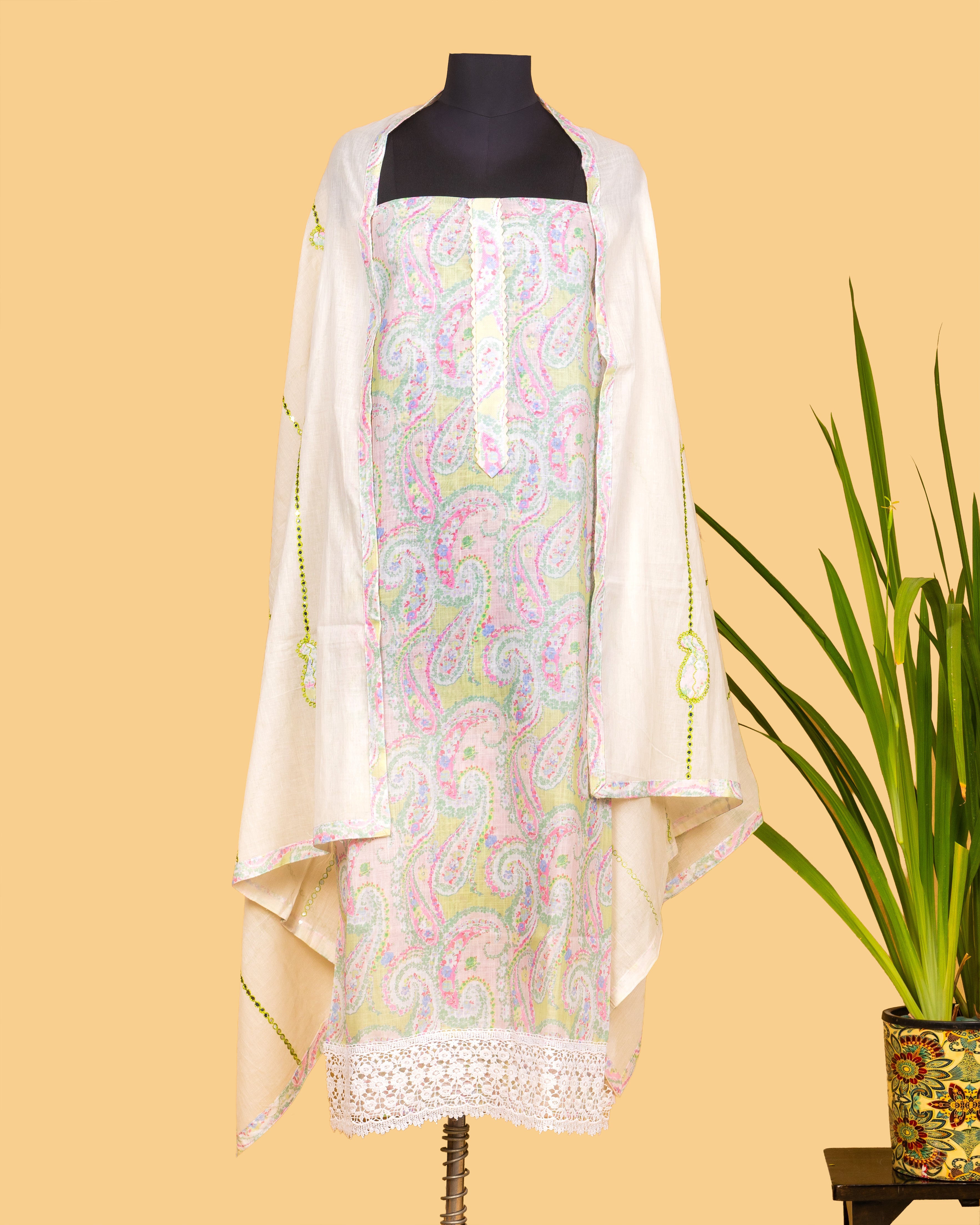 Powder Paisley Lace Dress Material