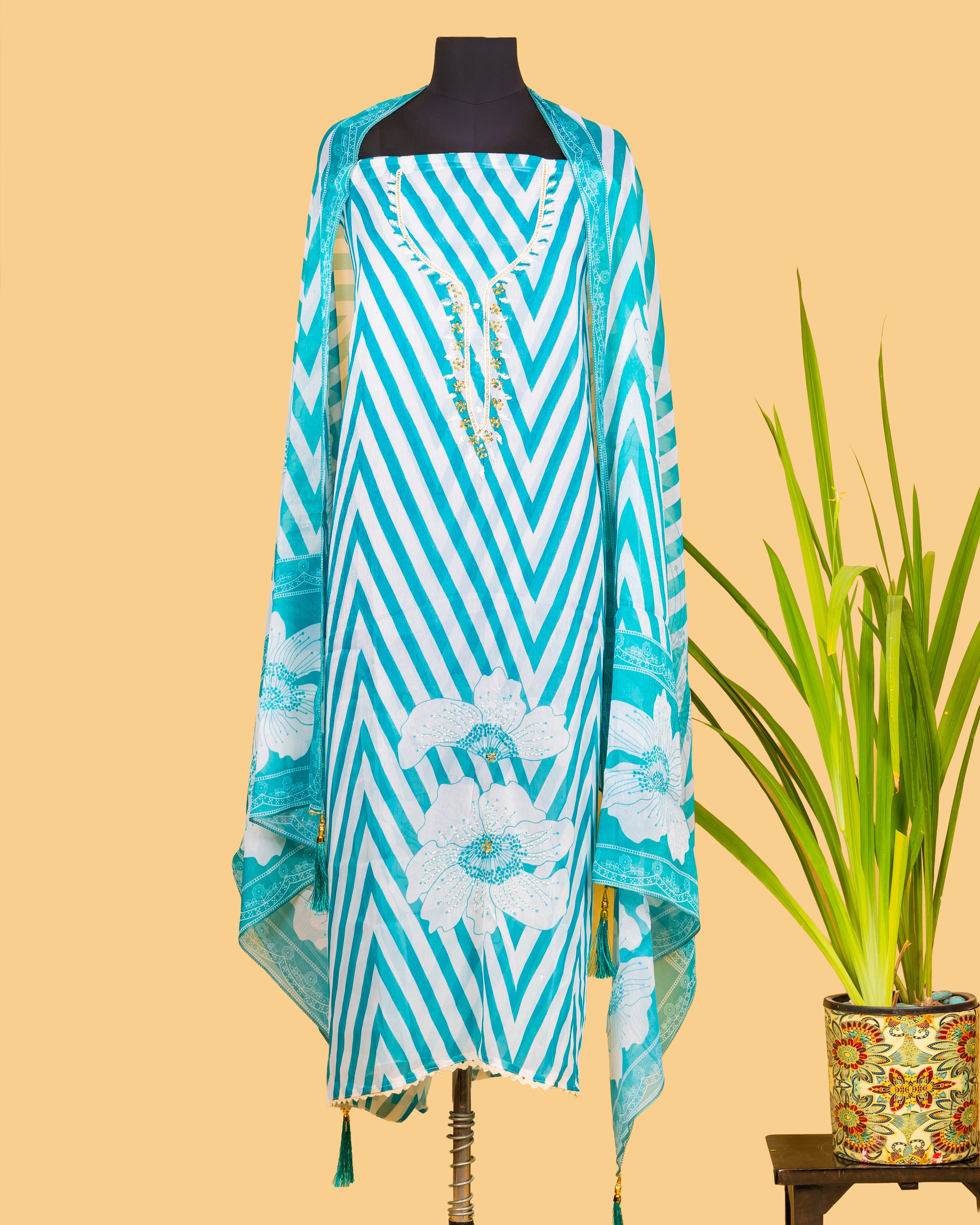 Teal Zigzag Floral Dress Material