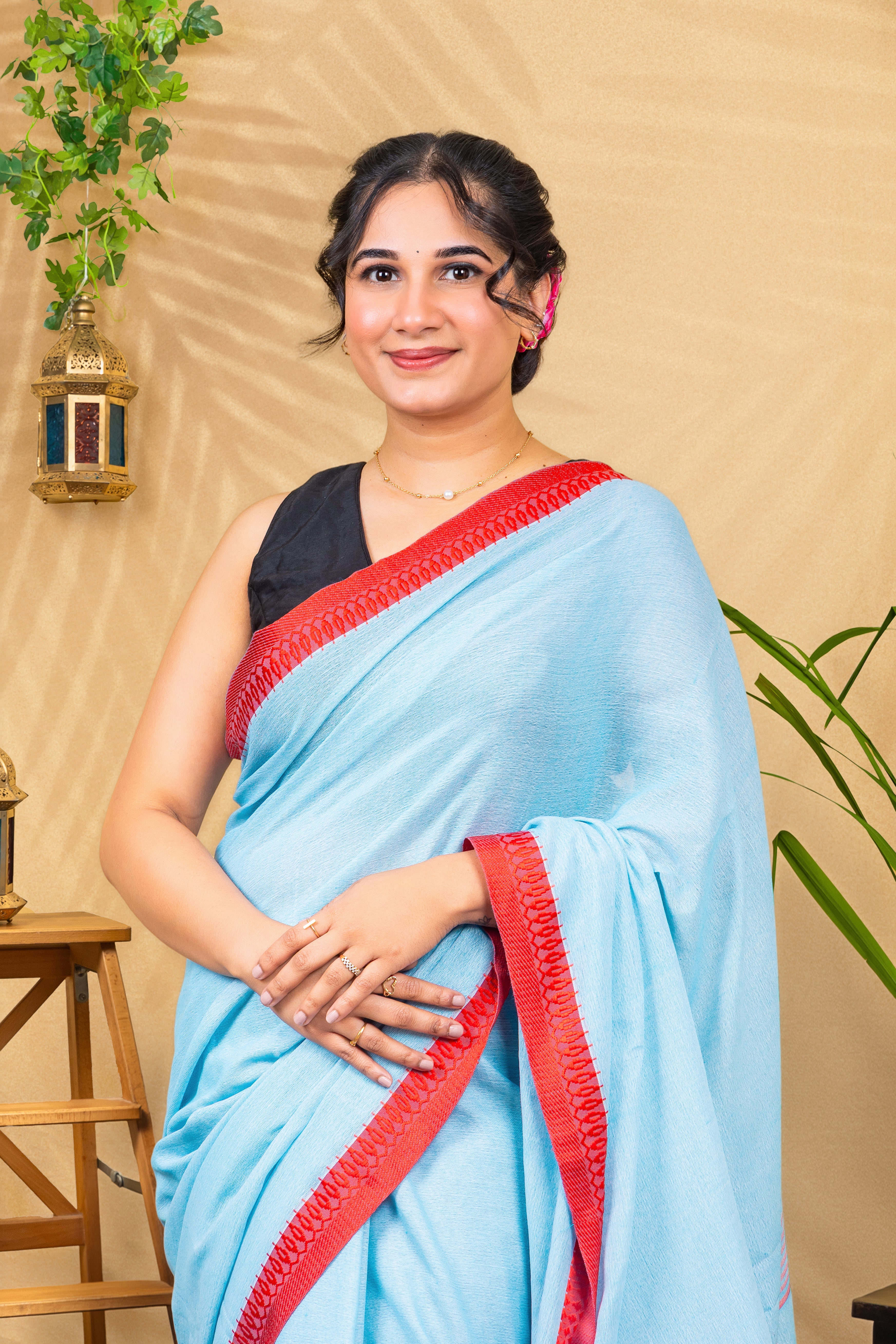 Skyblue Scarlet Border Saree