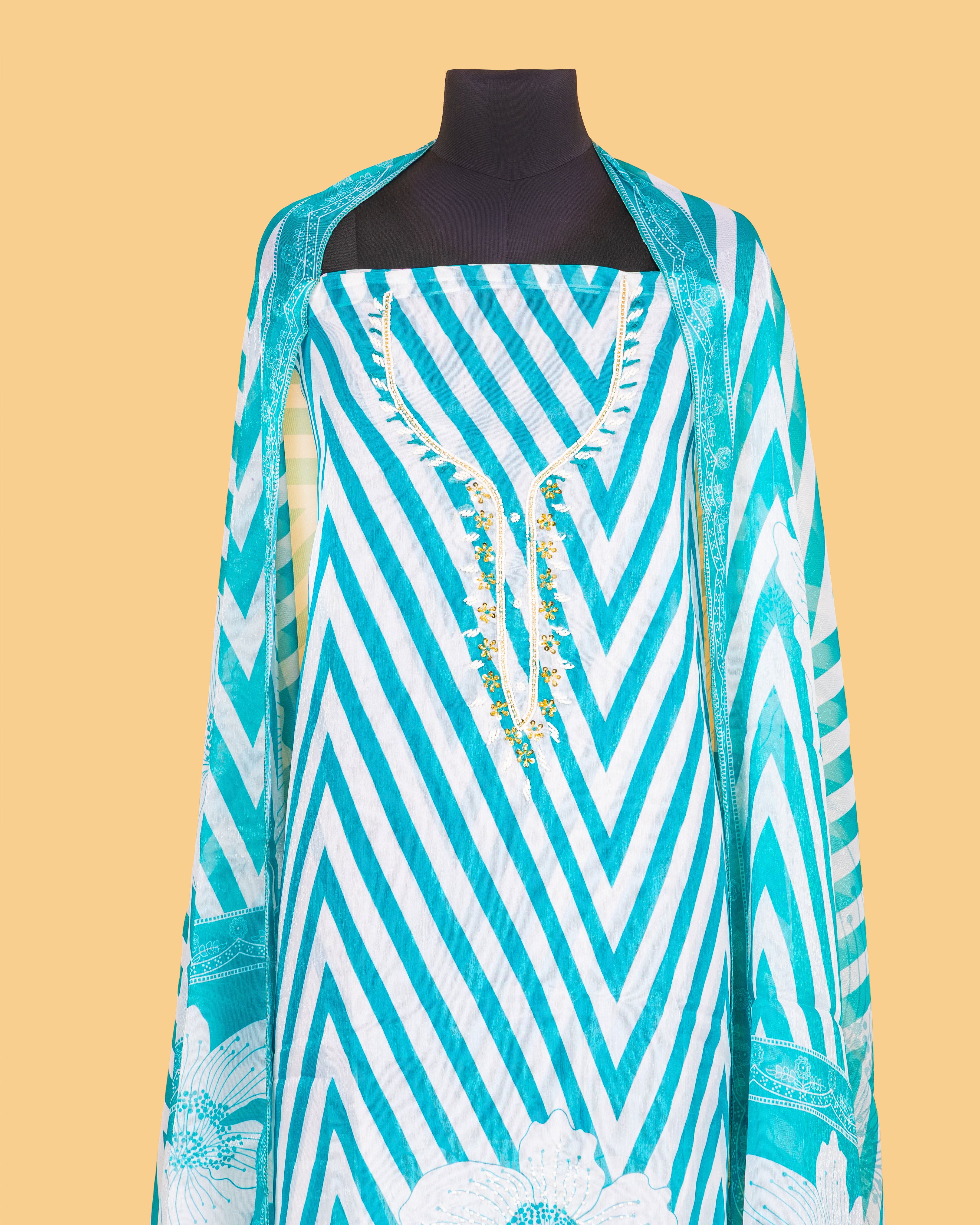 Teal Zigzag Floral Dress Material
