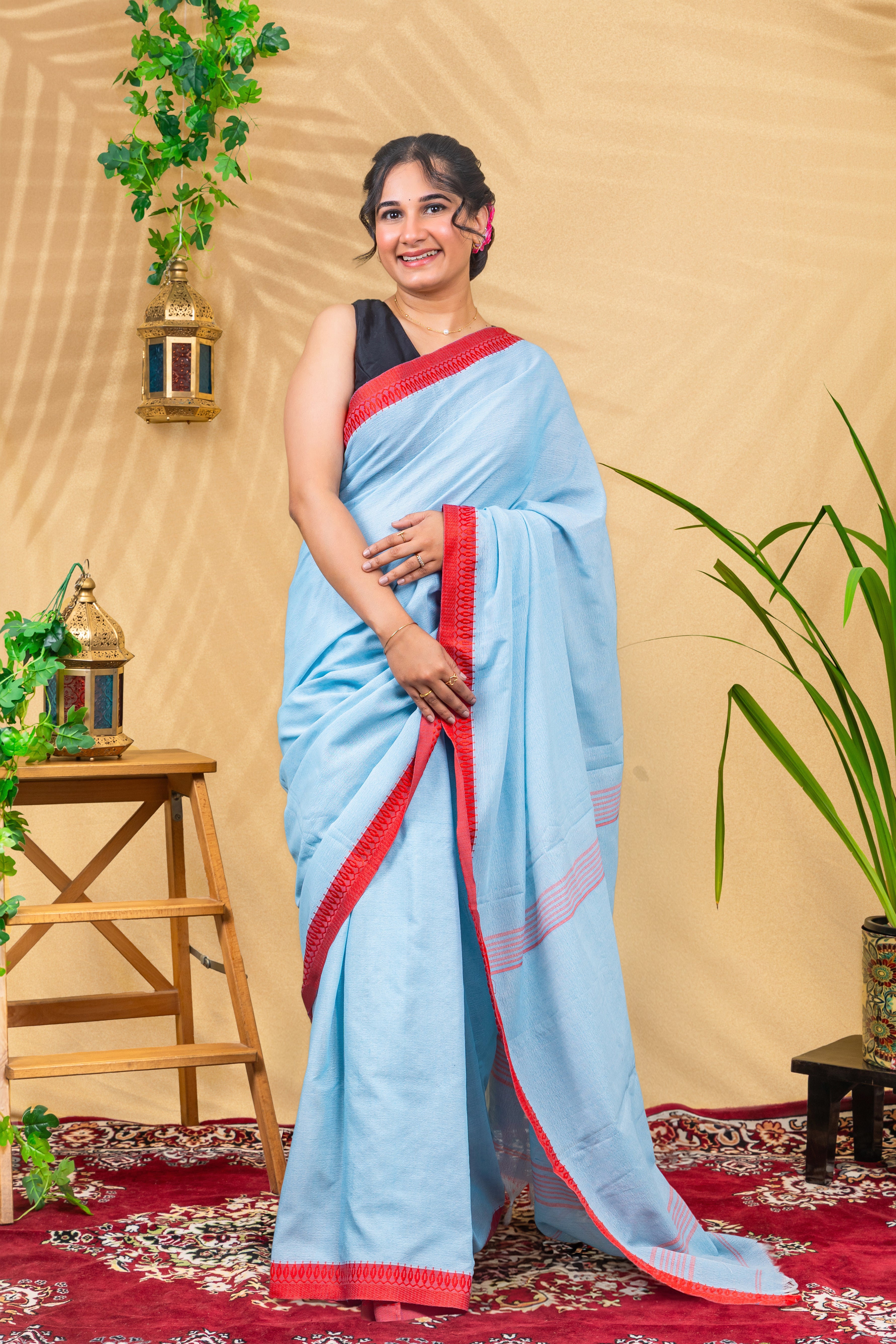 Skyblue Scarlet Border Saree