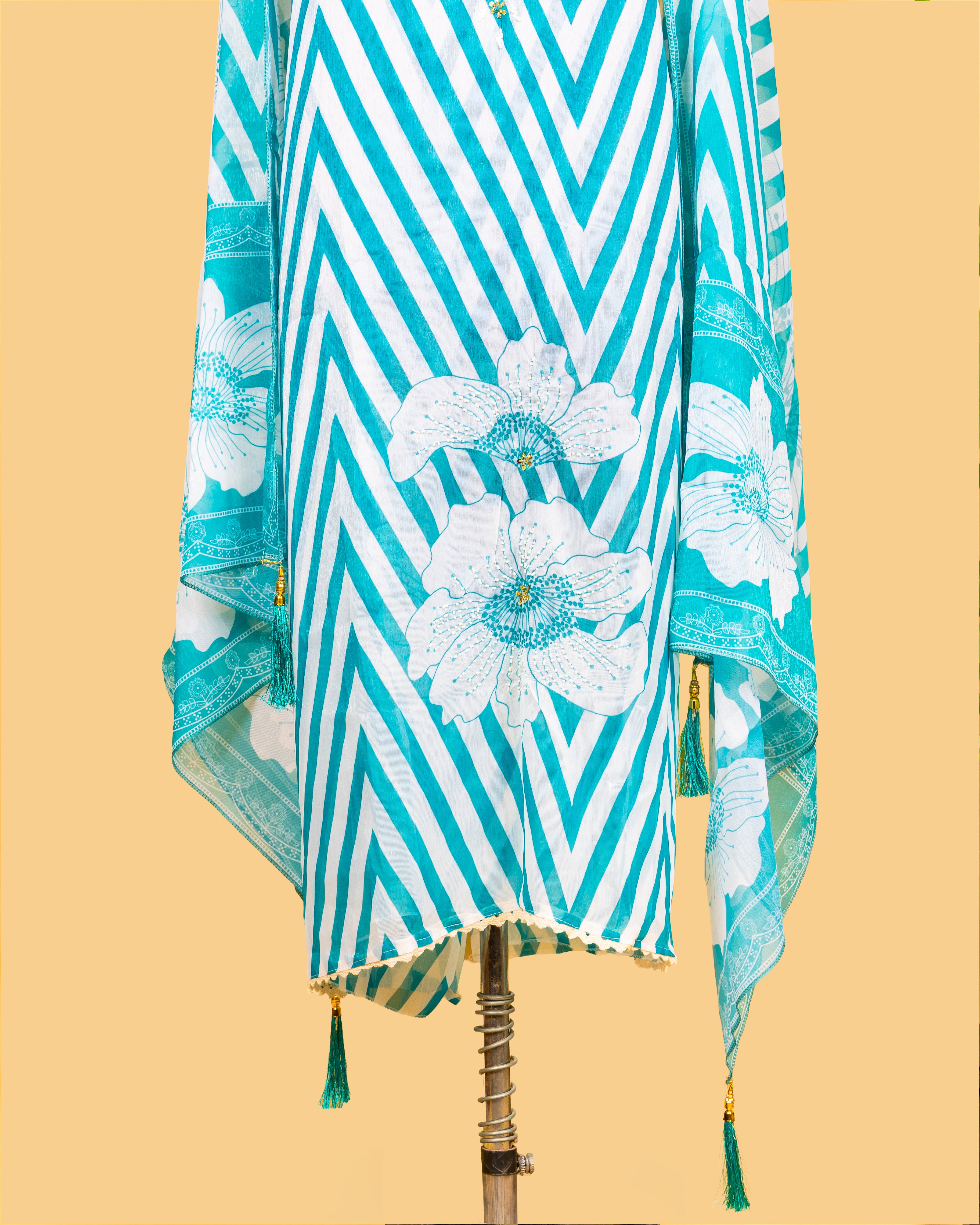 Teal Zigzag Floral Dress Material