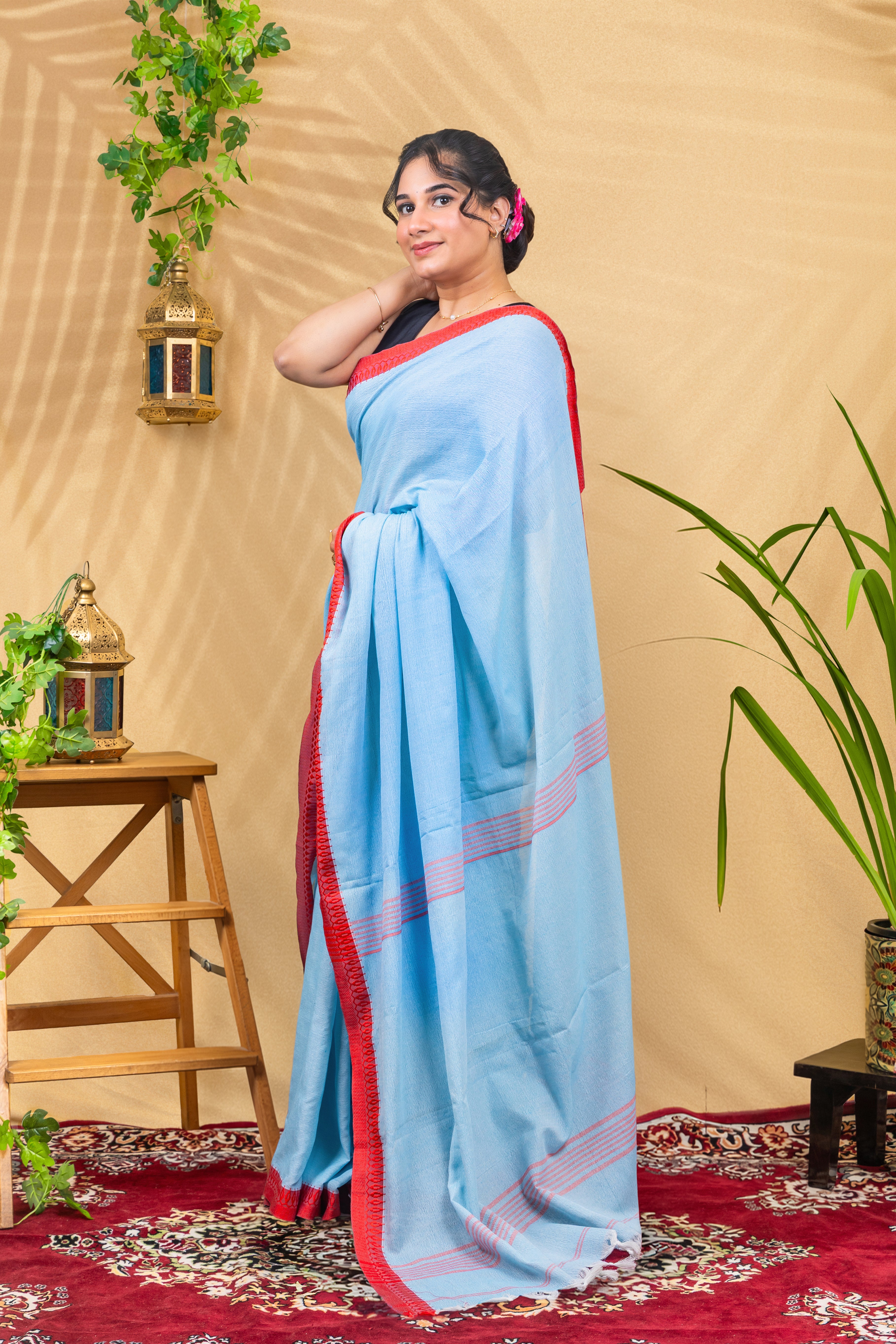 Skyblue Scarlet Border Saree