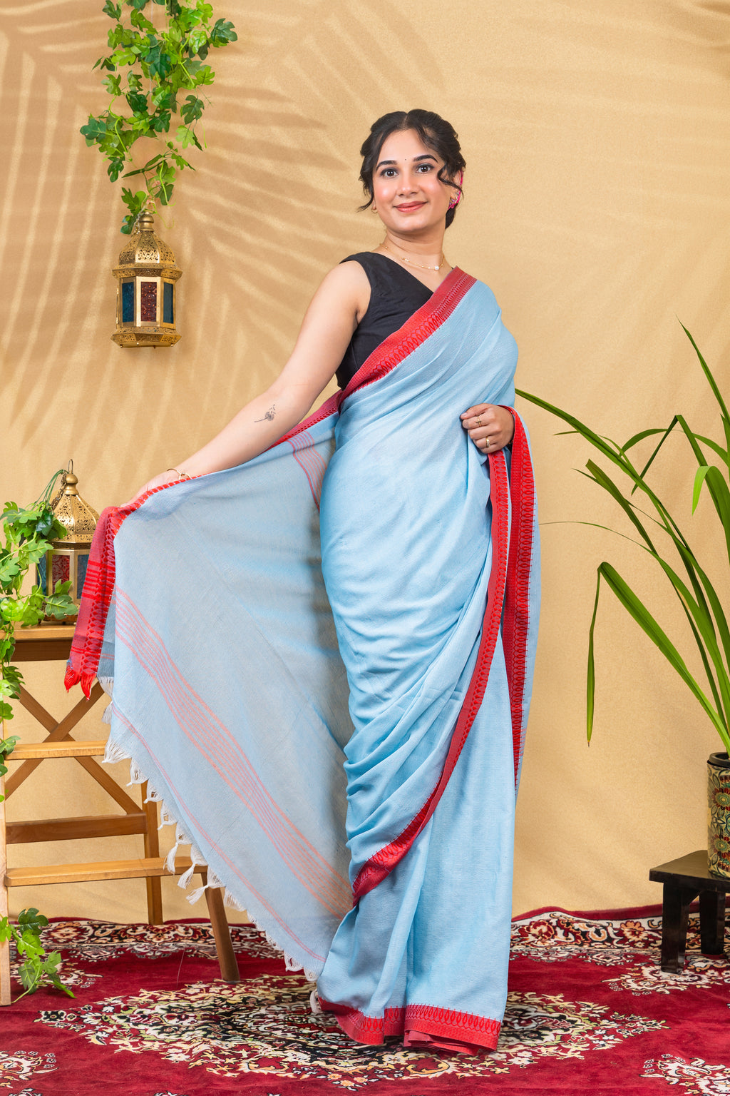 Skyblue Scarlet Border Saree