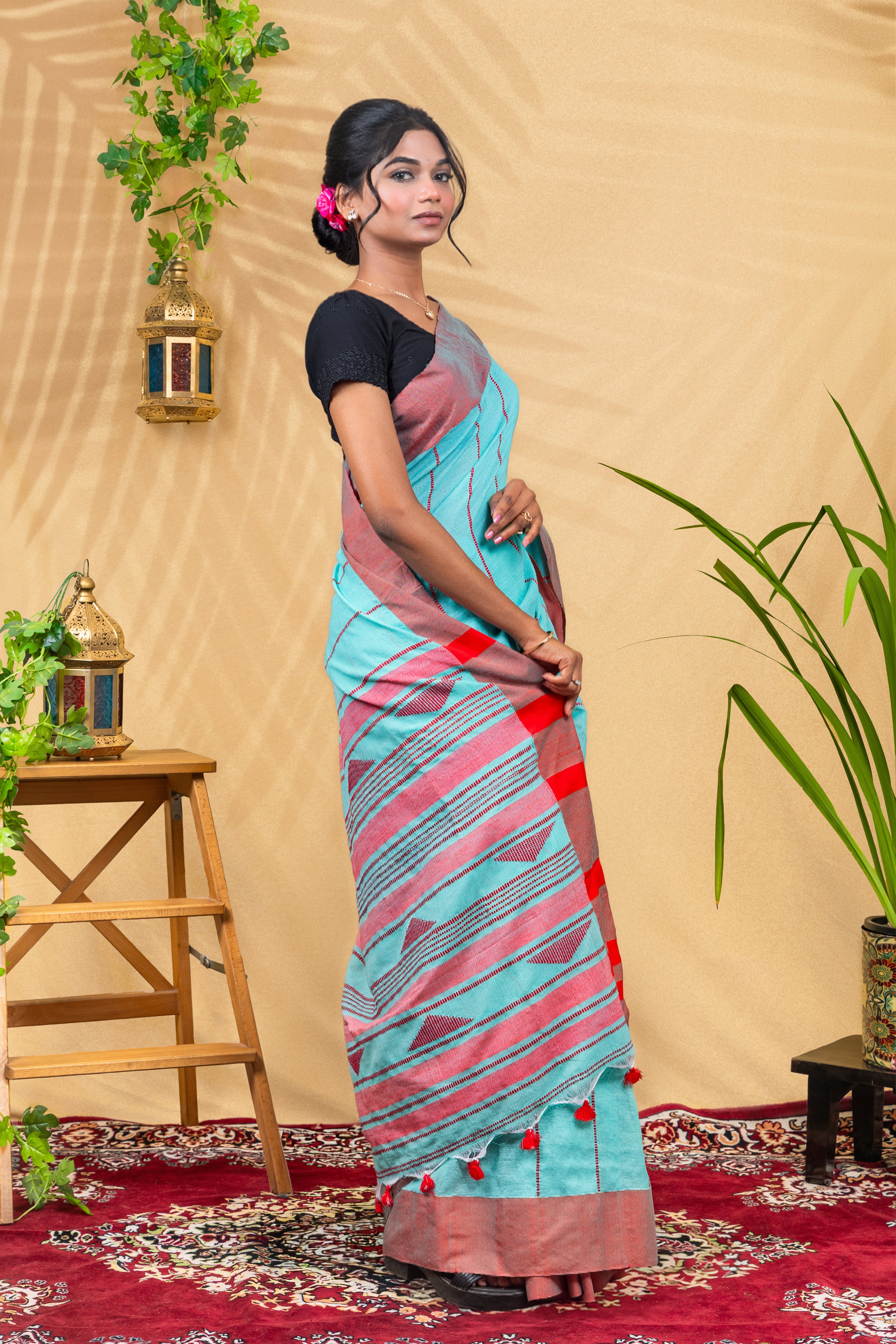 Aqua Rose Border Saree