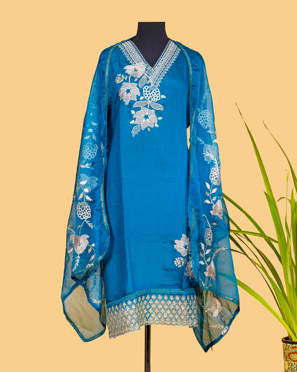 Peacock Blue Floral Embroidered Suit Set
