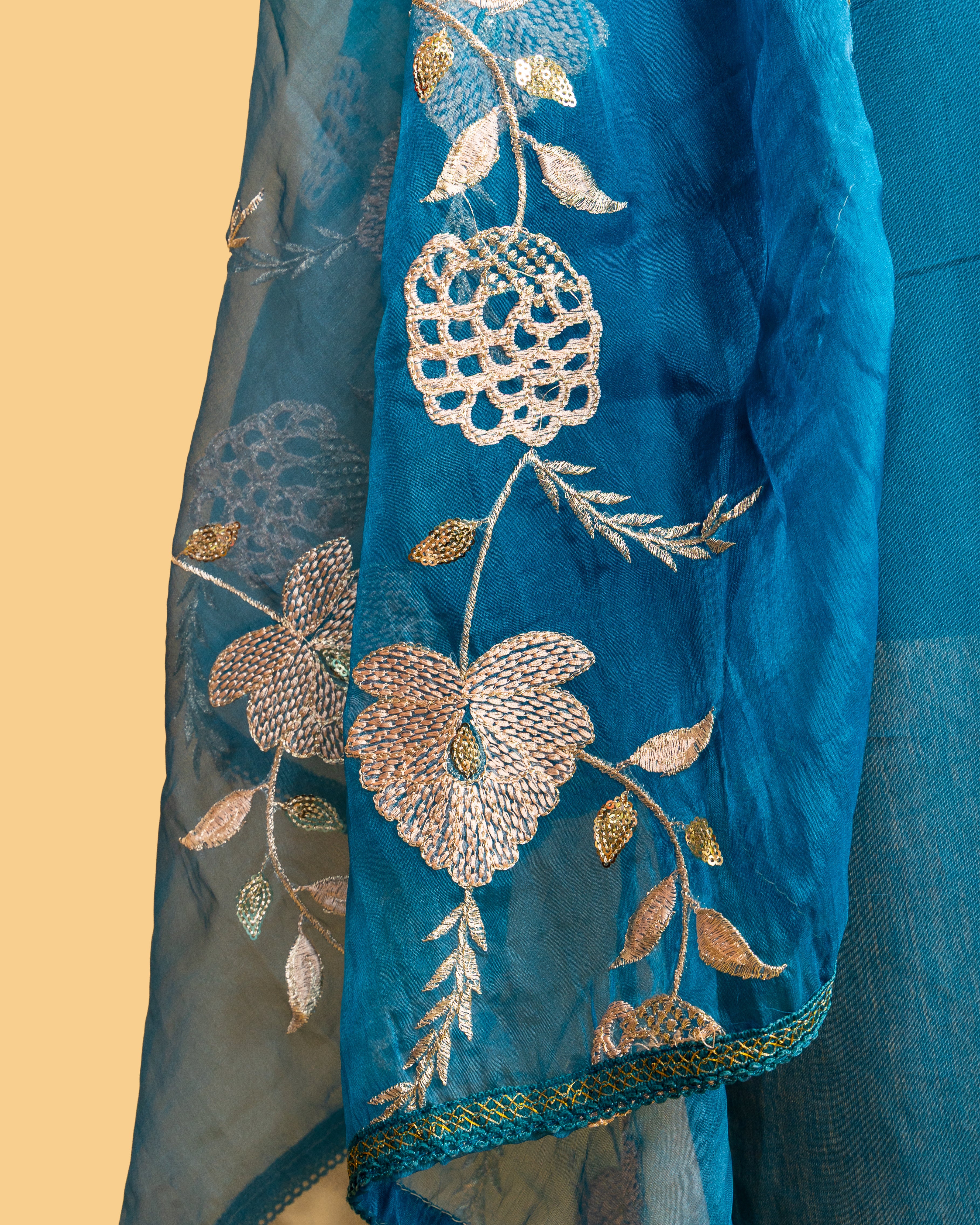 Peacock Blue Floral Embroidered Suit Set