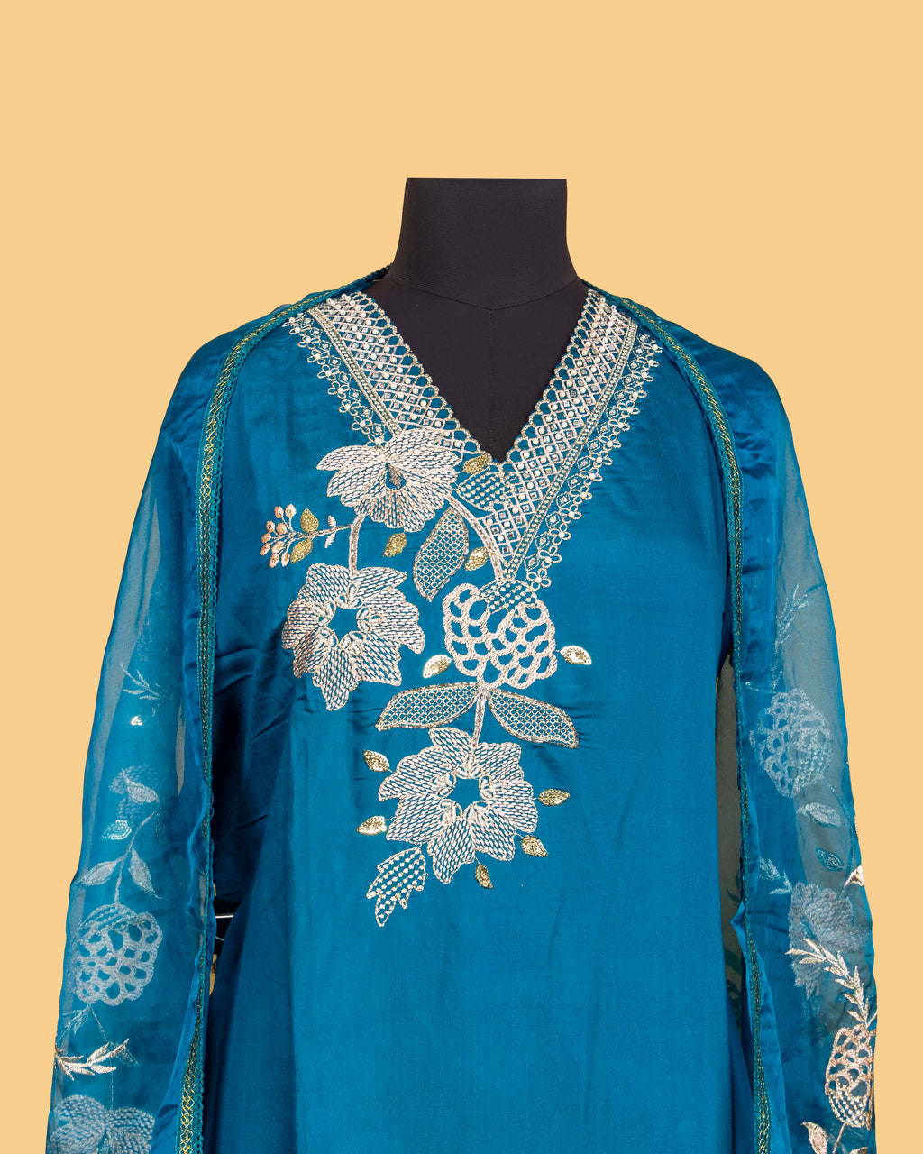 Peacock Blue Floral Embroidered Suit Set