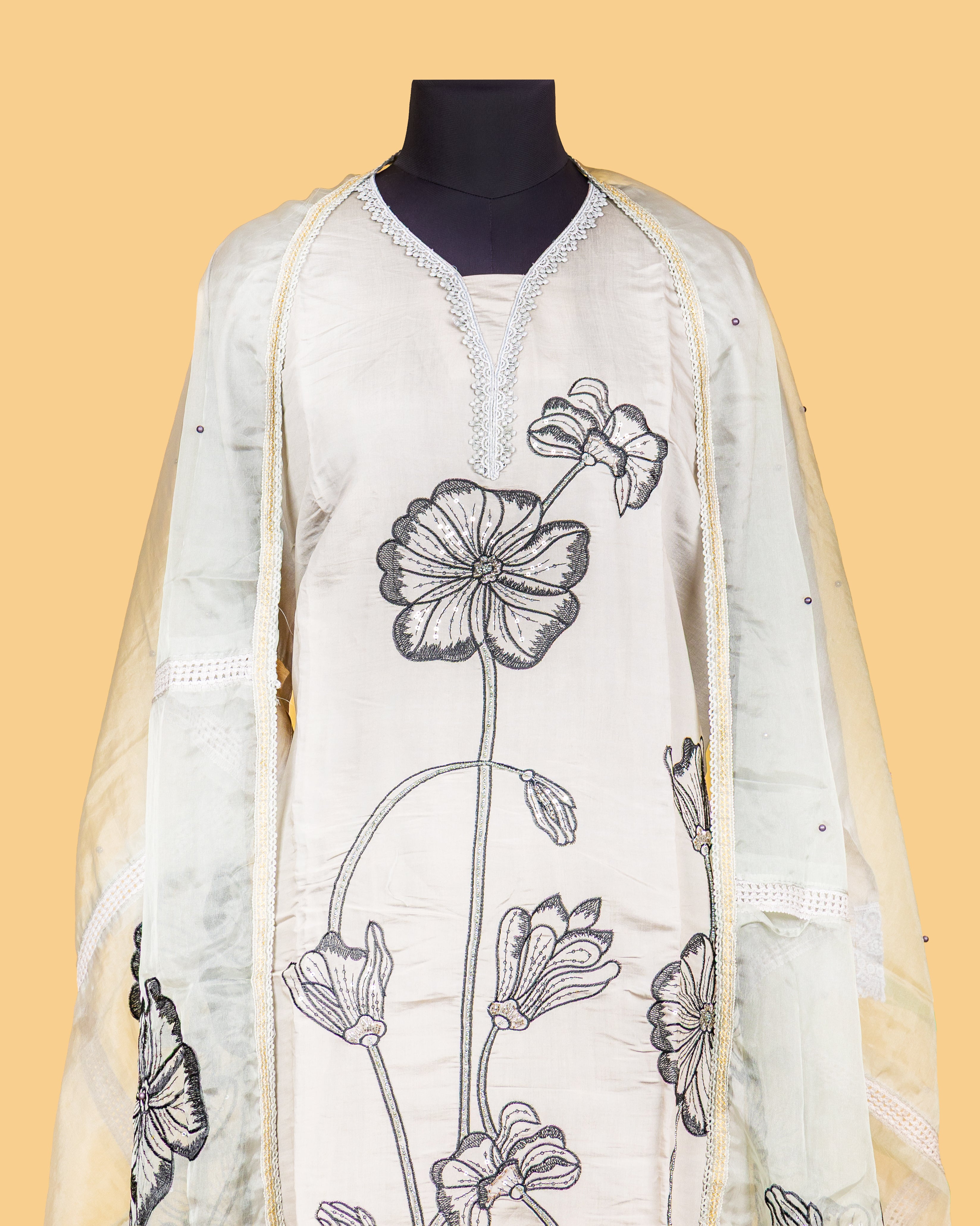 Black-on-Ivory Floral Dress Material