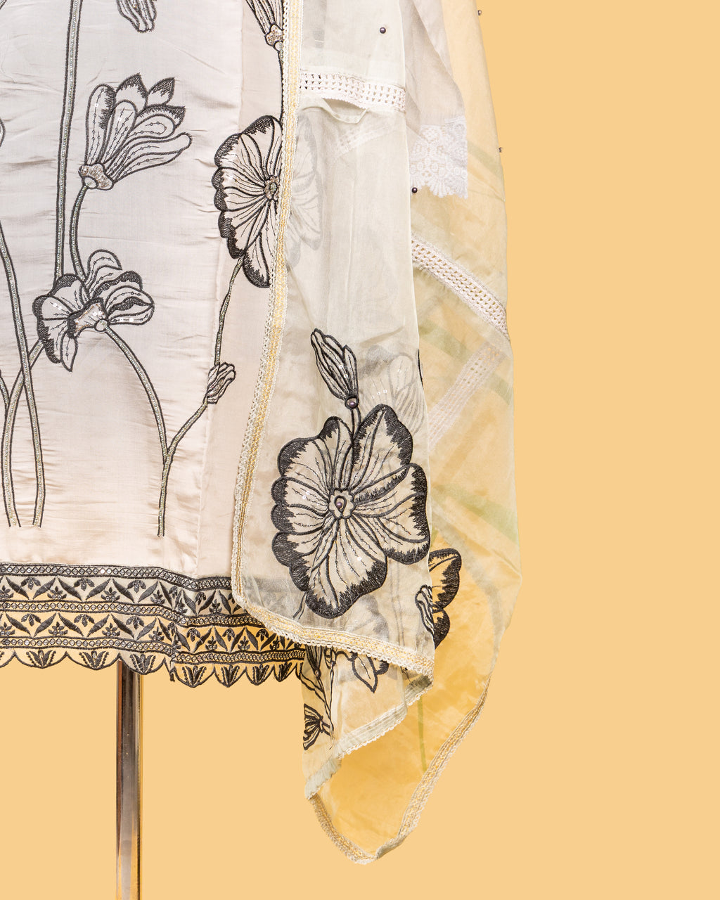 Black-on-Ivory Floral Dress Material