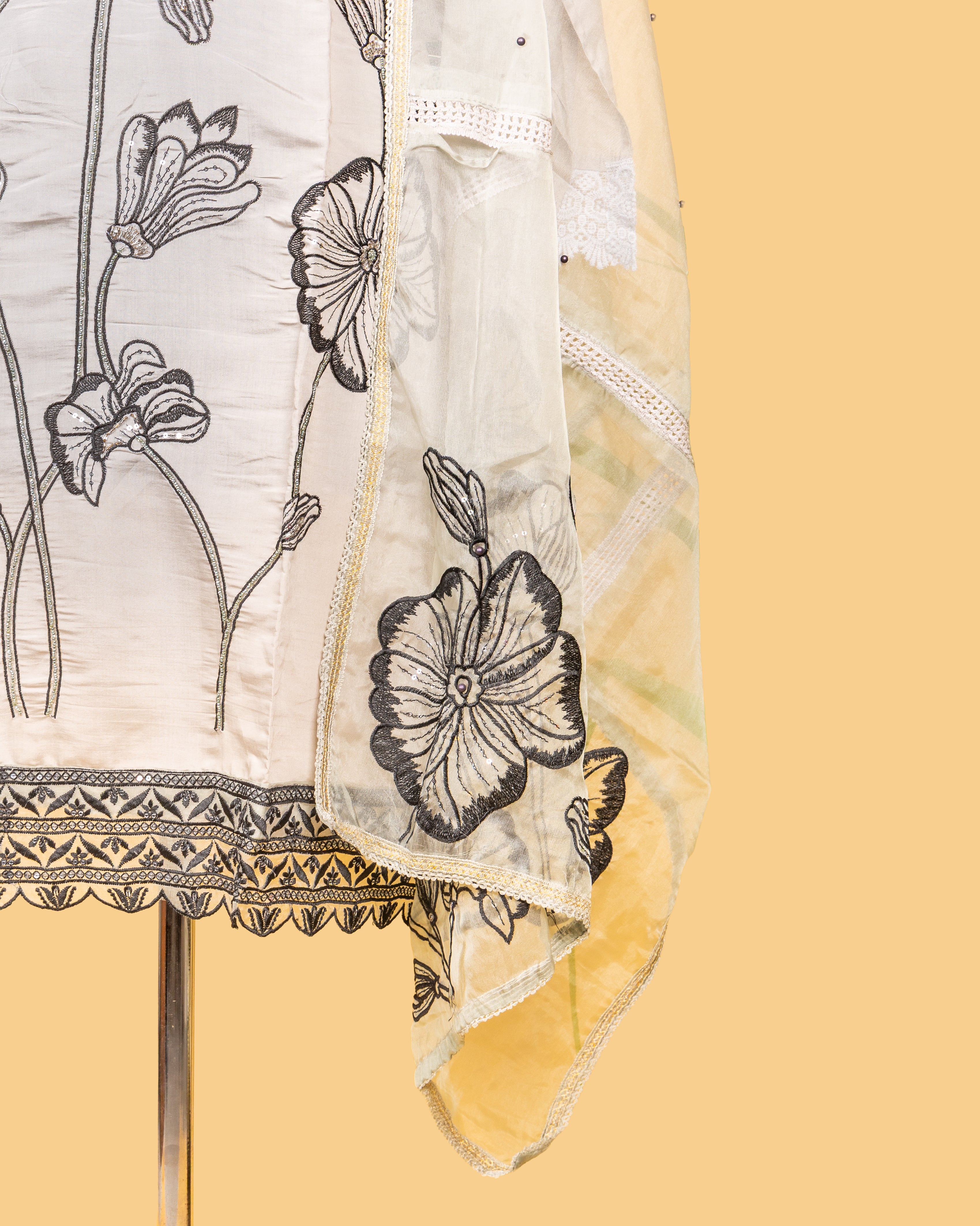 Black-on-Ivory Floral Dress Material