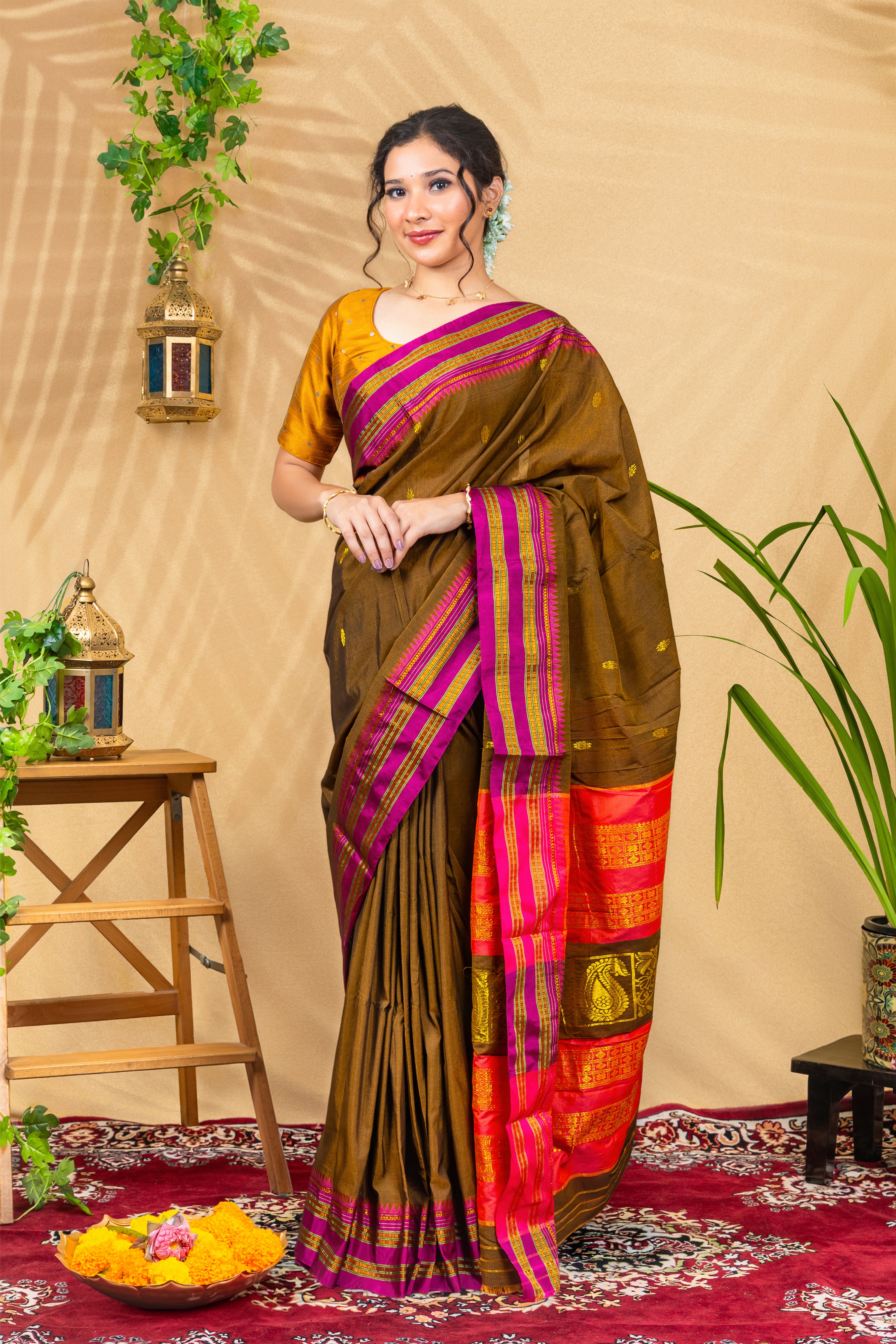 Olive Mocha with Rani Pink Border
