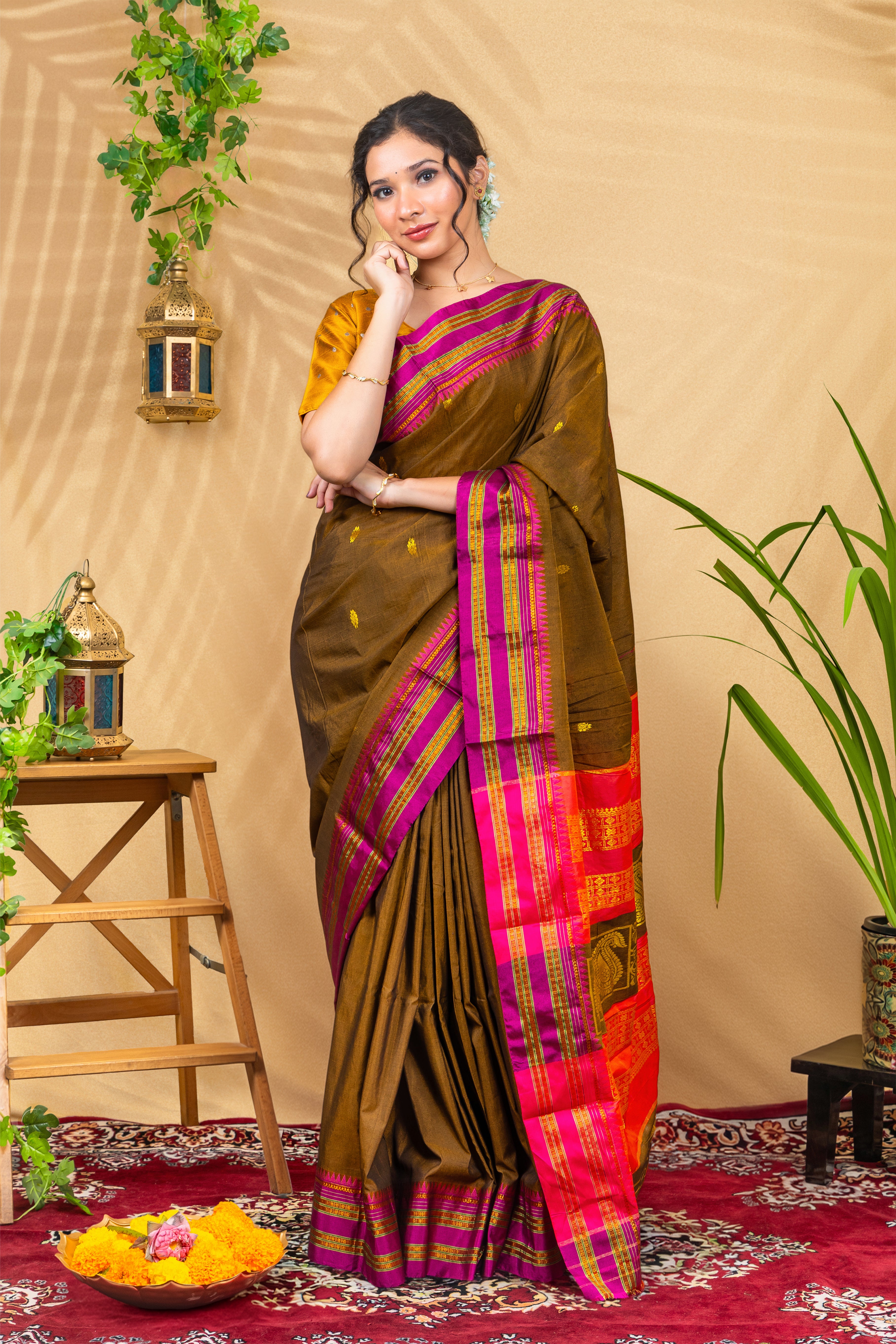 Olive Mocha with Rani Pink Border