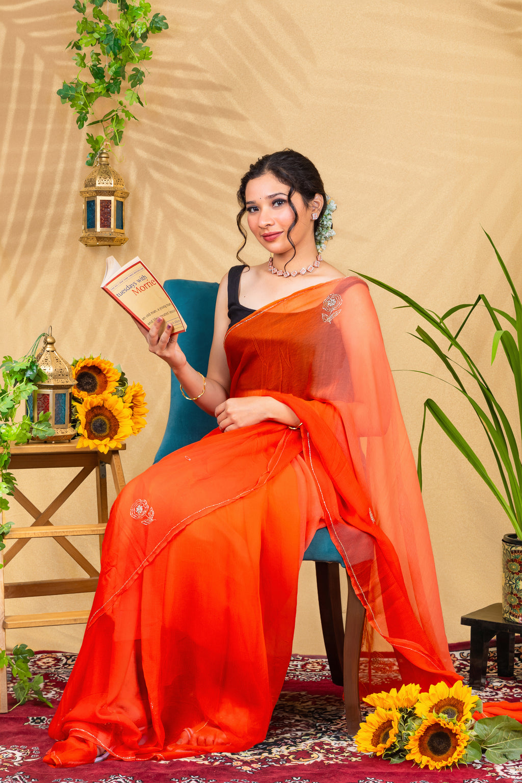 Tangerine Whisper—Handcrafted Chiffon Saree