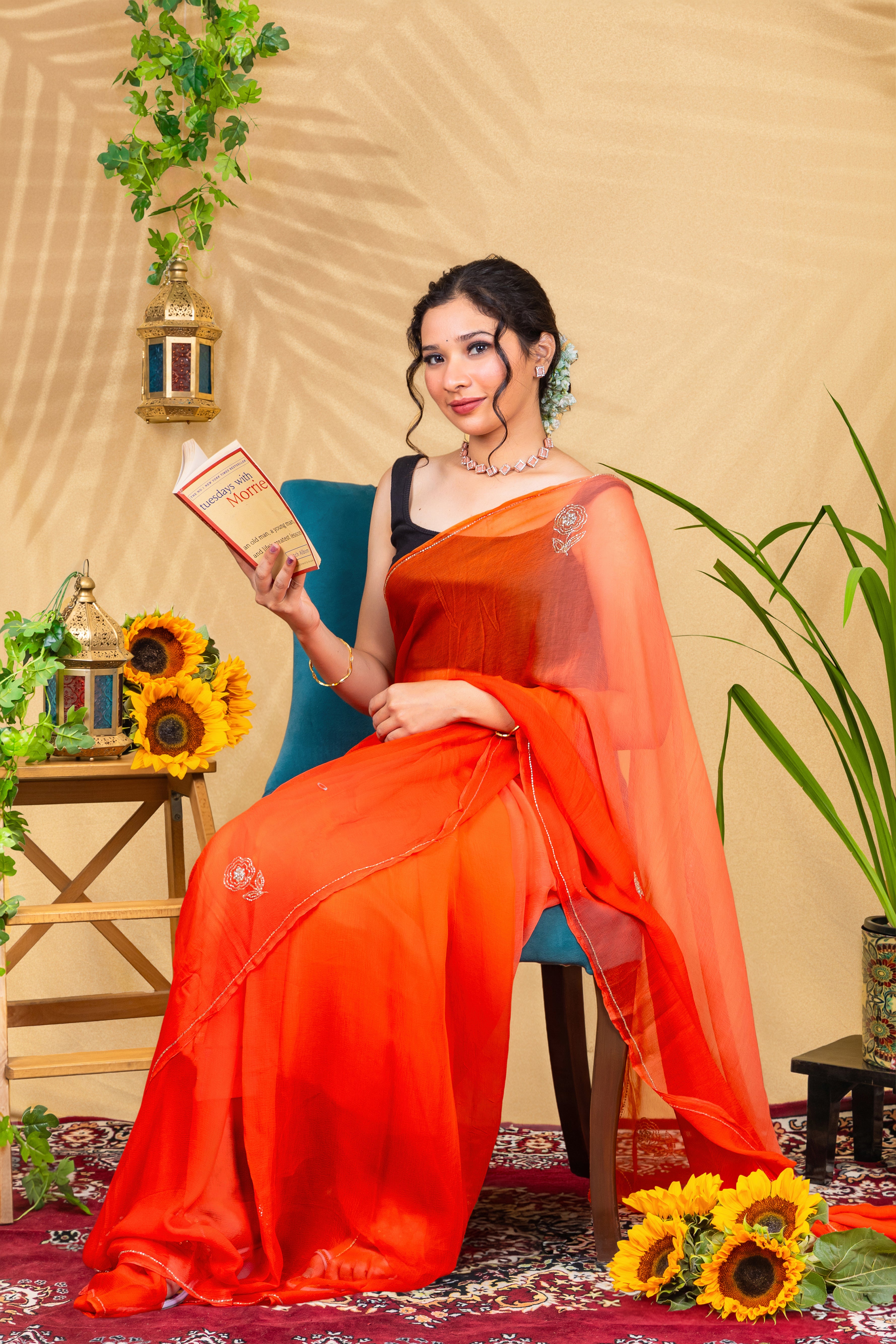 Tangerine Whisper—Handcrafted Chiffon Saree