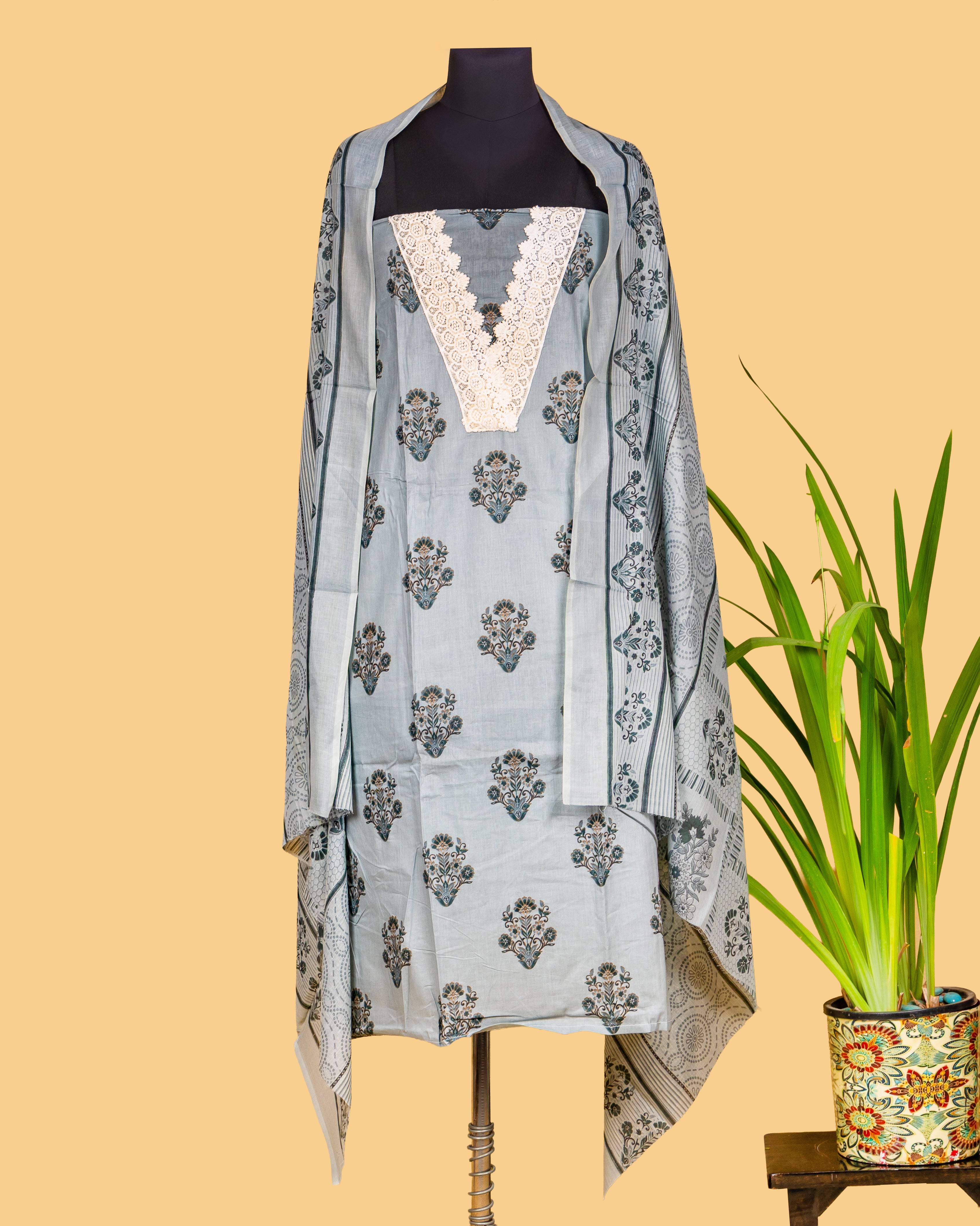 Grey Blossom Buti Dress Material