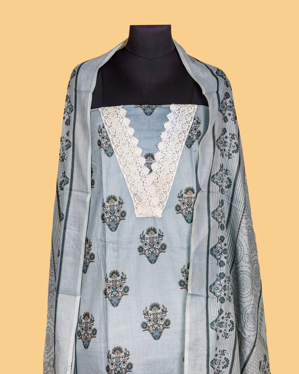 Grey Blossom Buti Dress Material