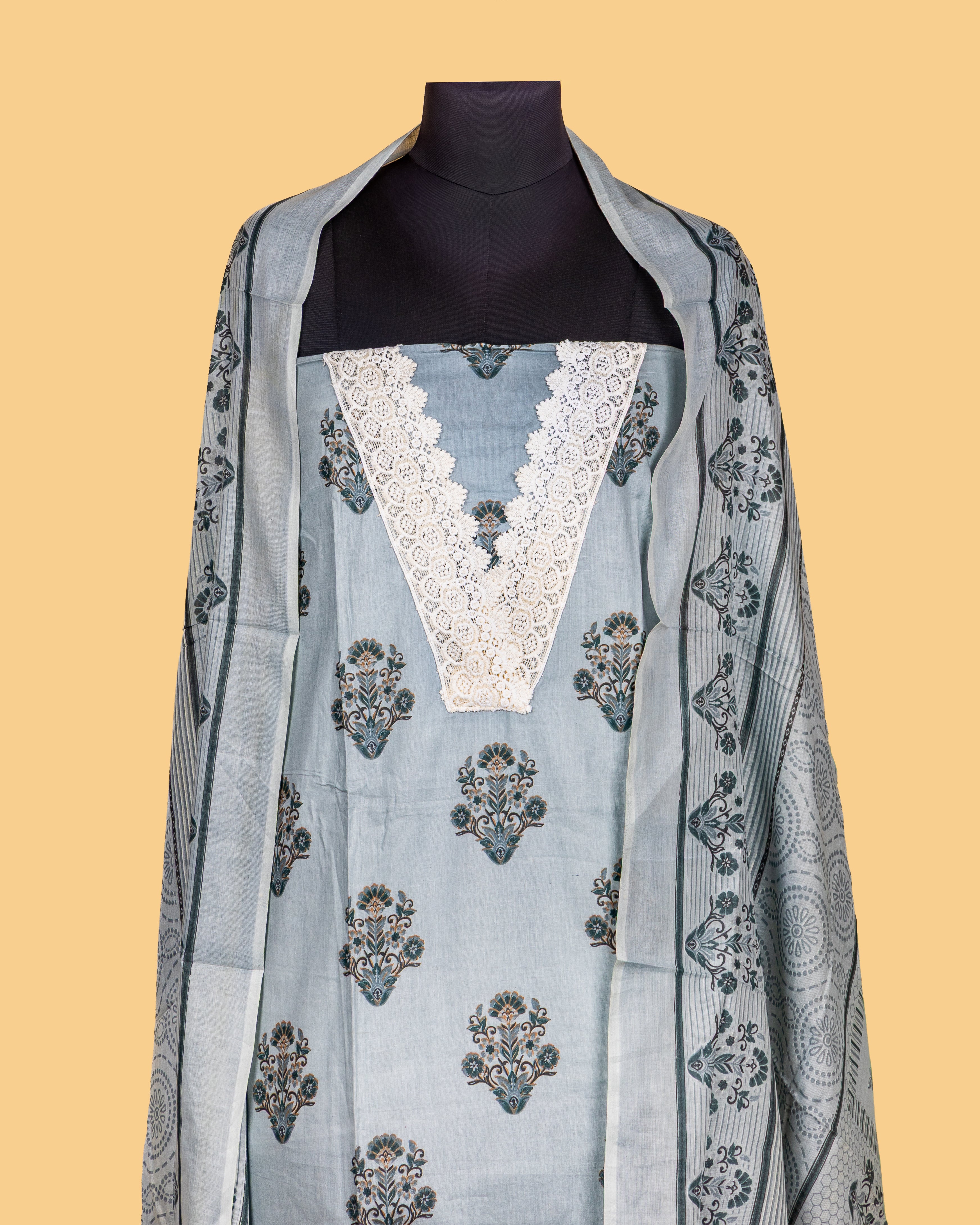 Grey Blossom Buti Dress Material