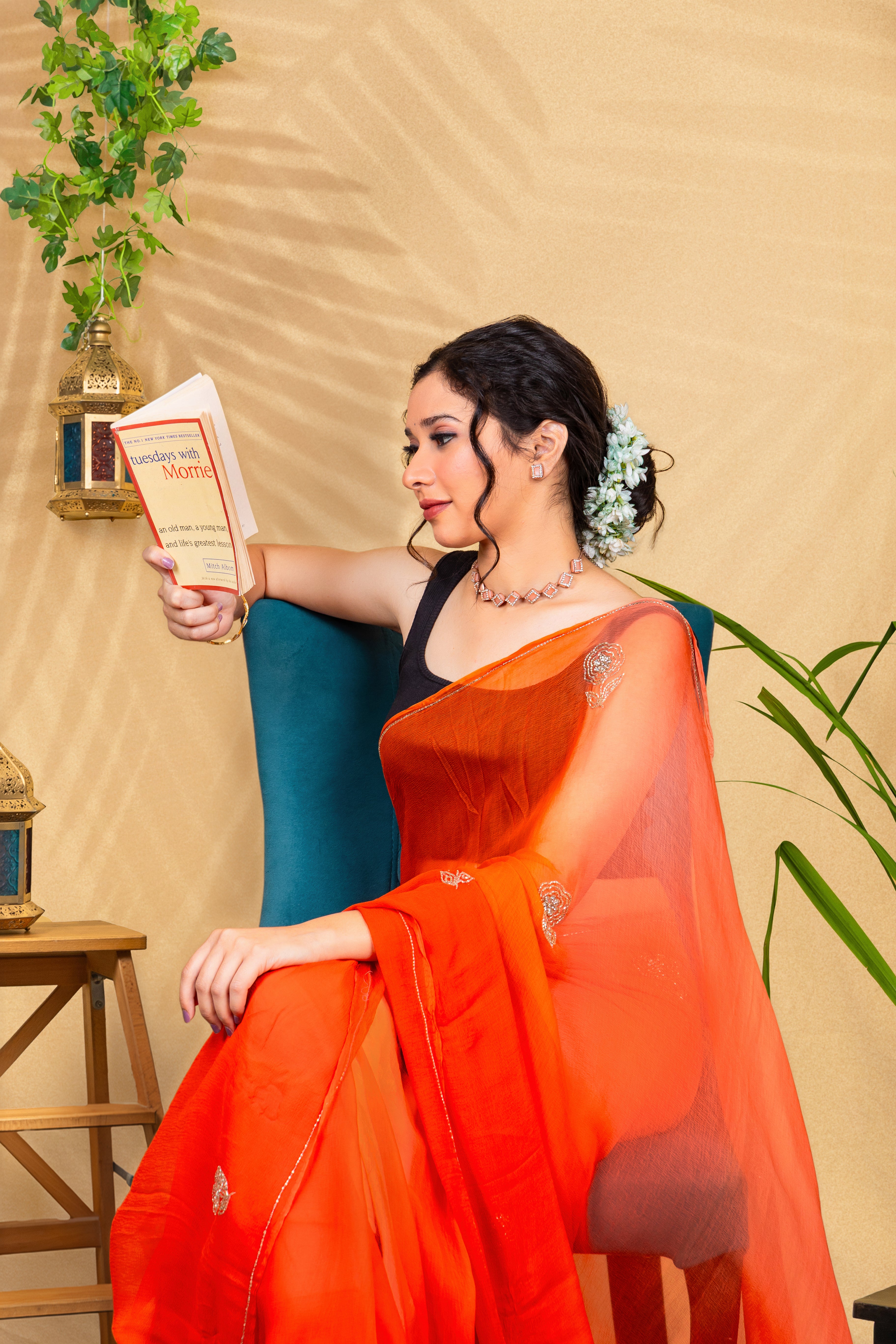 Tangerine Whisper—Handcrafted Chiffon Saree