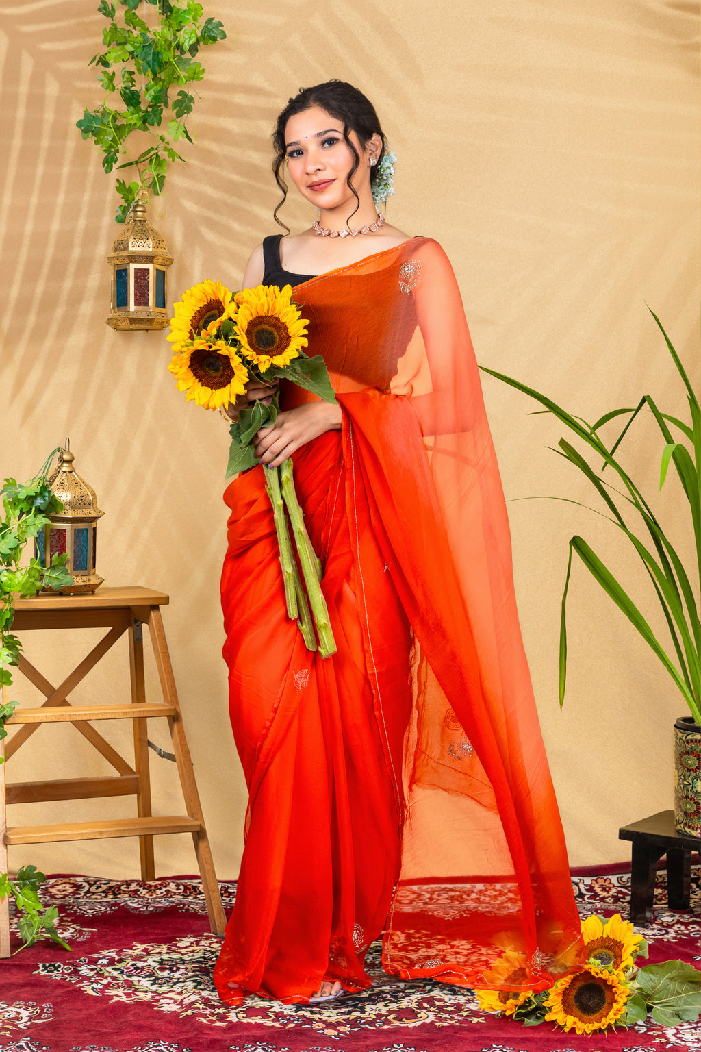 Tangerine Whisper—Handcrafted Chiffon Saree