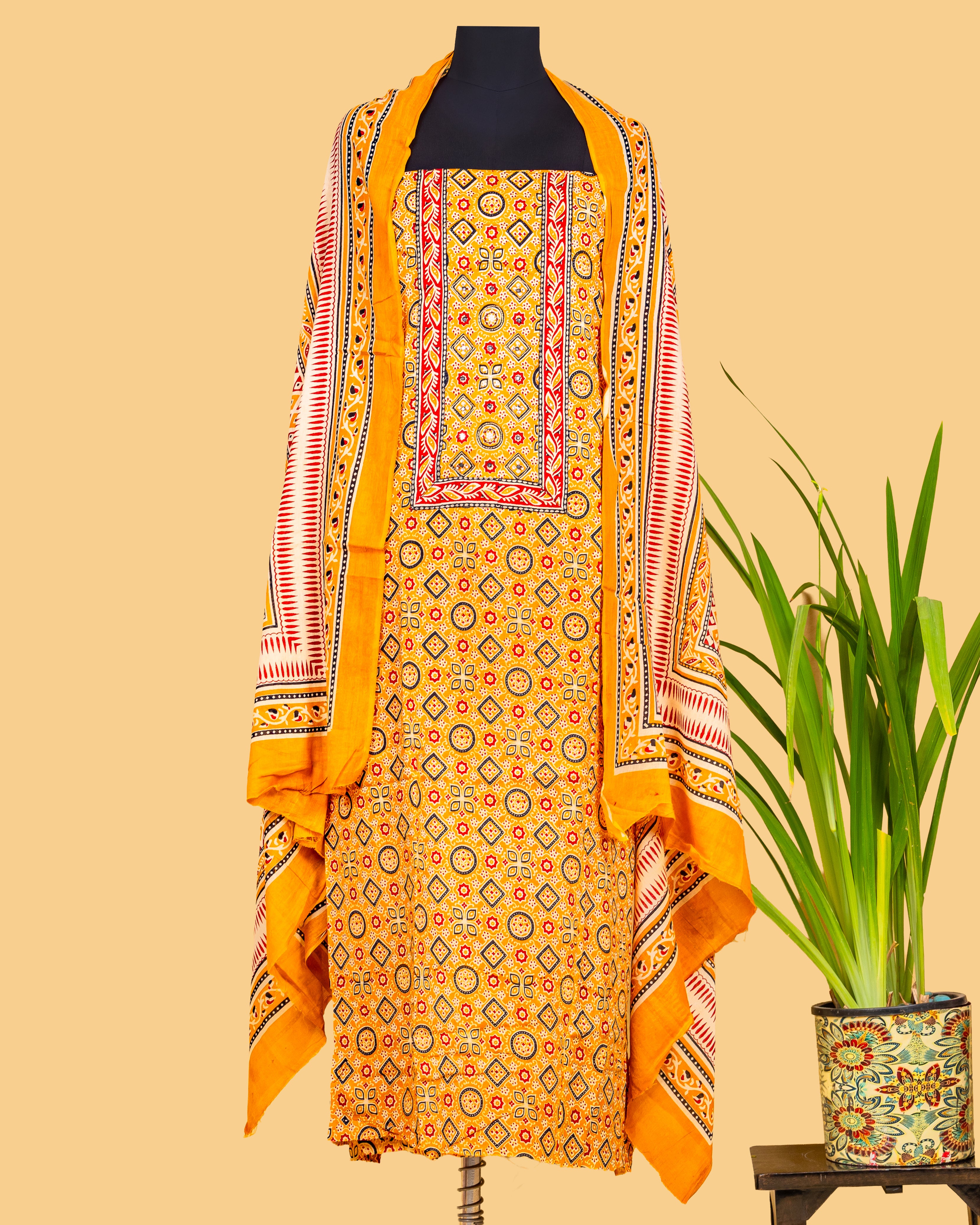 Mustard Mosaic Motif Dress Material