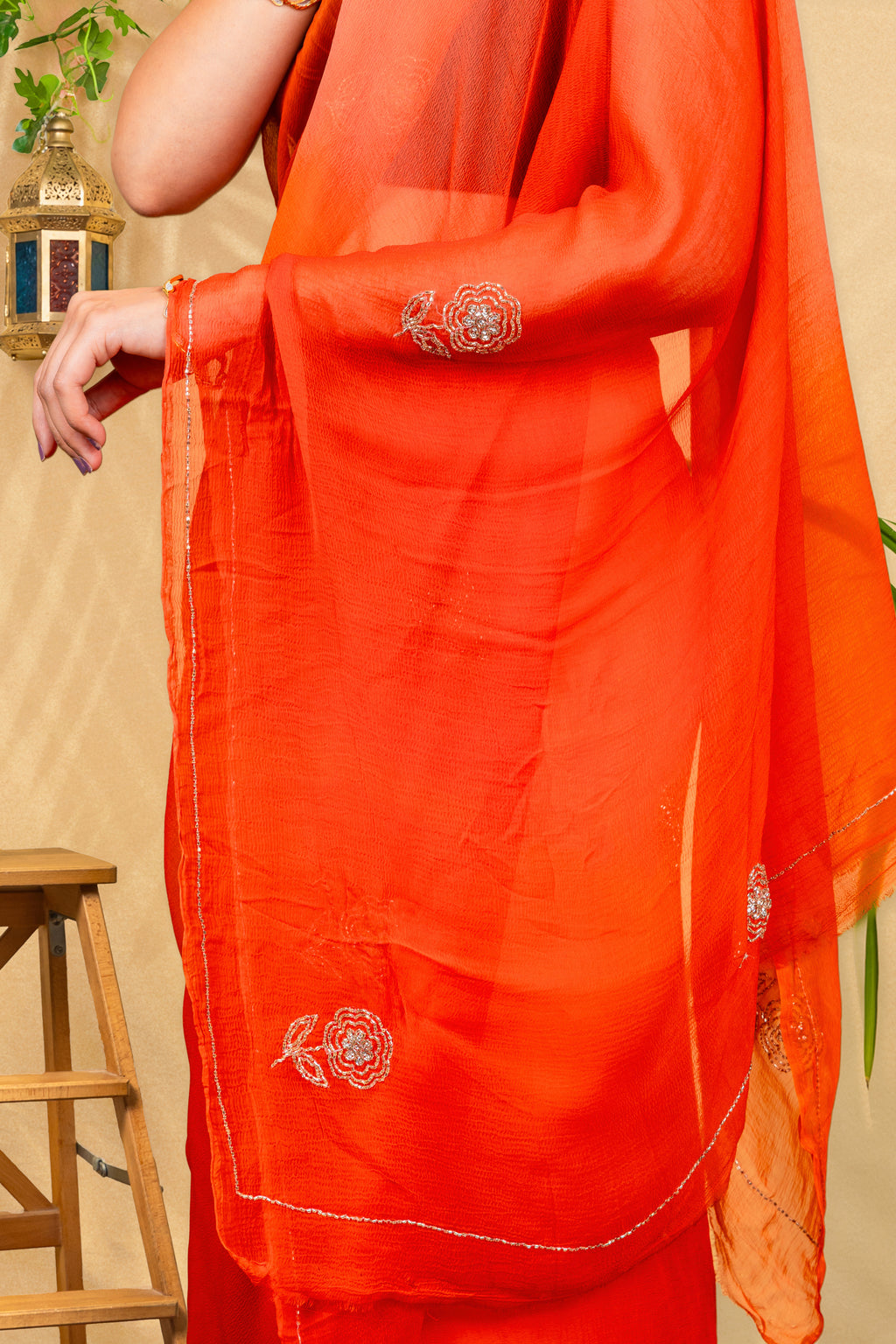 Tangerine Whisper—Handcrafted Chiffon Saree