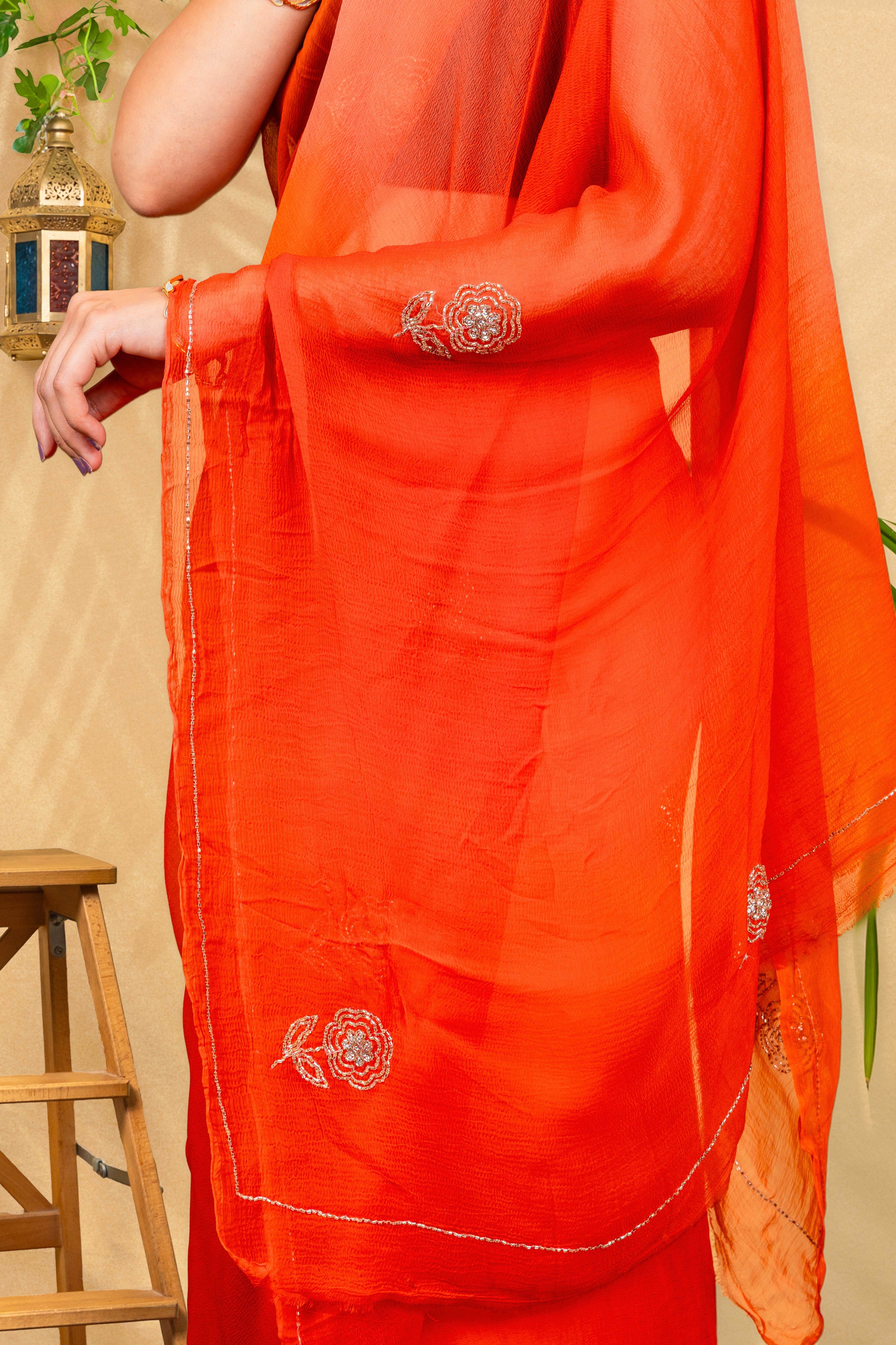 Tangerine Whisper—Handcrafted Chiffon Saree