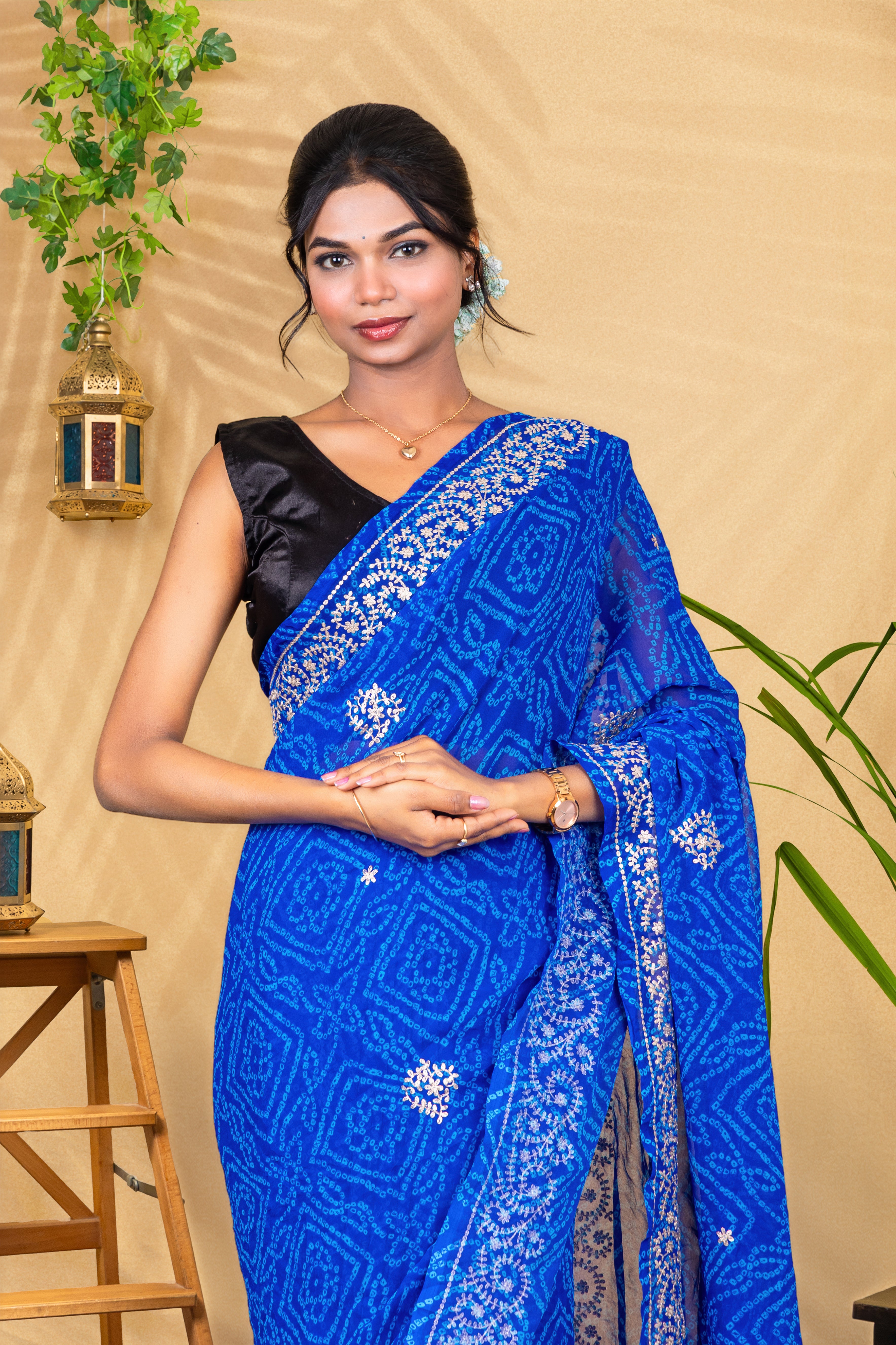 Neel Noor—Silver Hand-Embroidered Bandhani Chiffon Saree