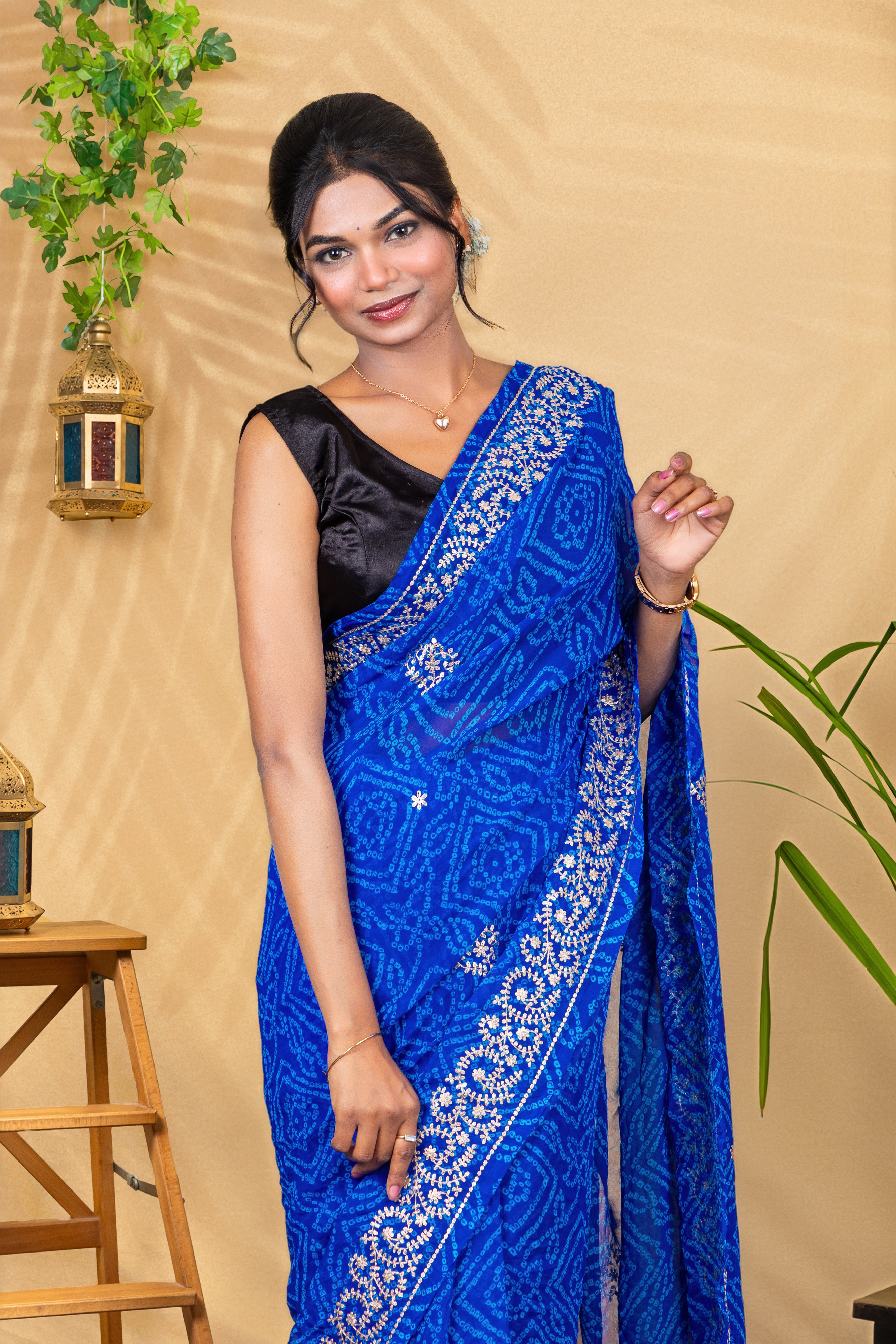 Neel Noor—Silver Hand-Embroidered Bandhani Chiffon Saree