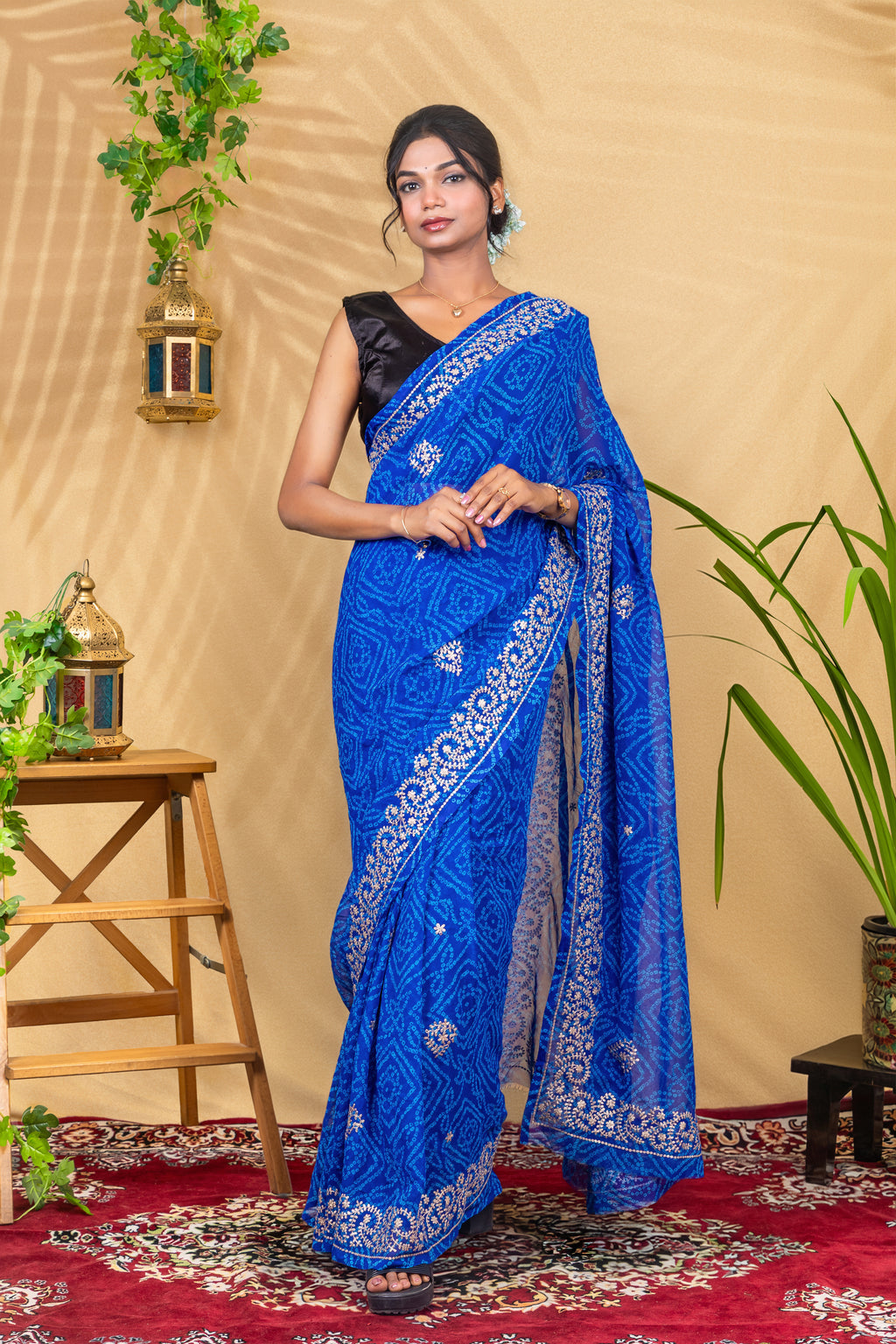 Neel Noor—Silver Hand-Embroidered Bandhani Chiffon Saree