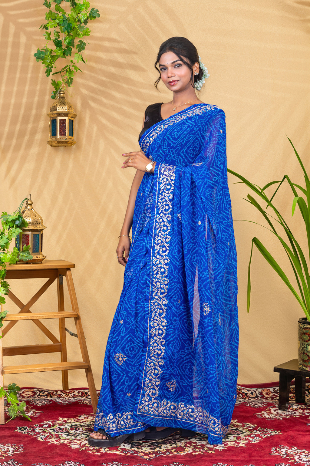 Neel Noor—Silver Hand-Embroidered Bandhani Chiffon Saree