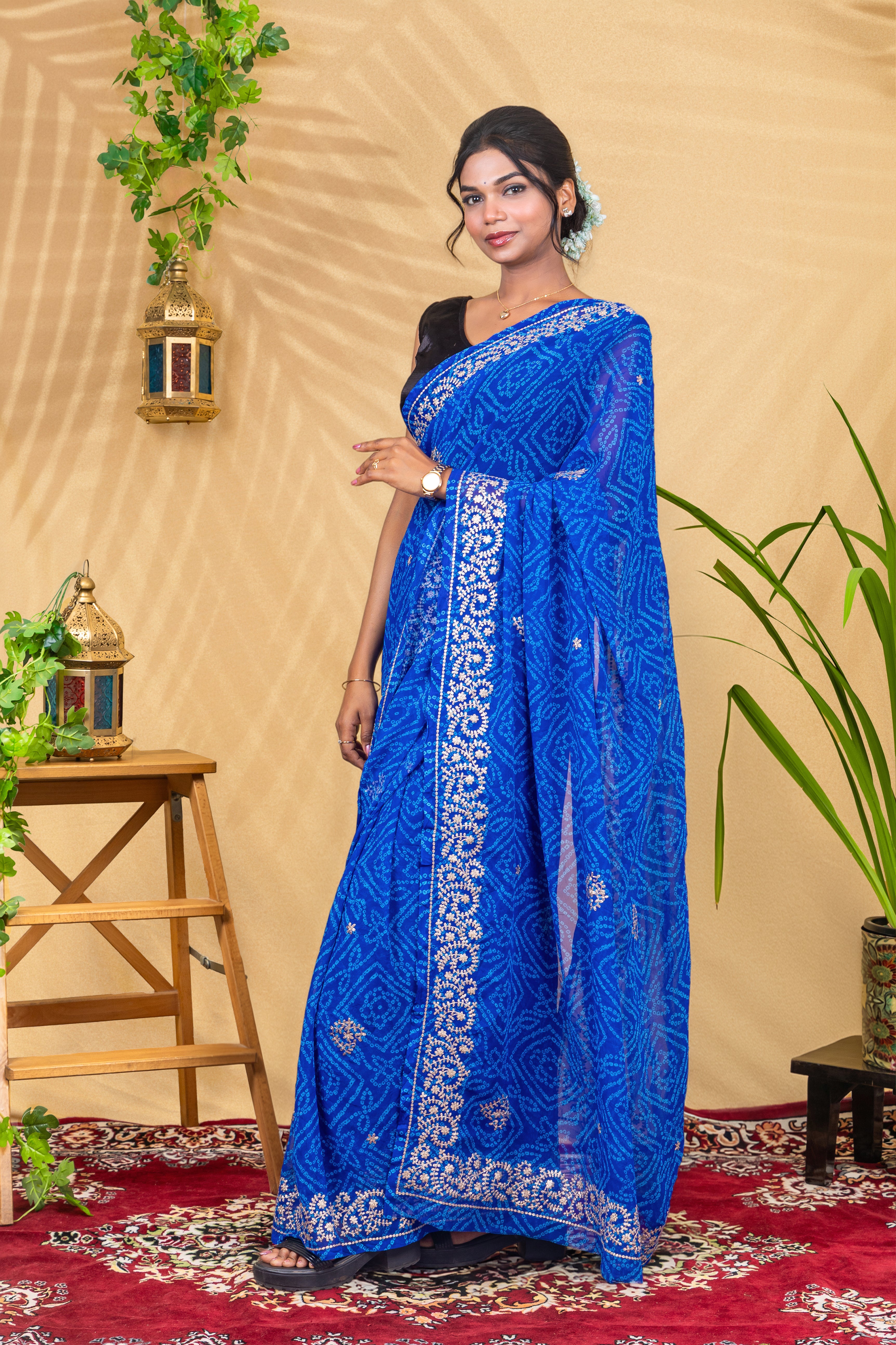 Neel Noor—Silver Hand-Embroidered Bandhani Chiffon Saree