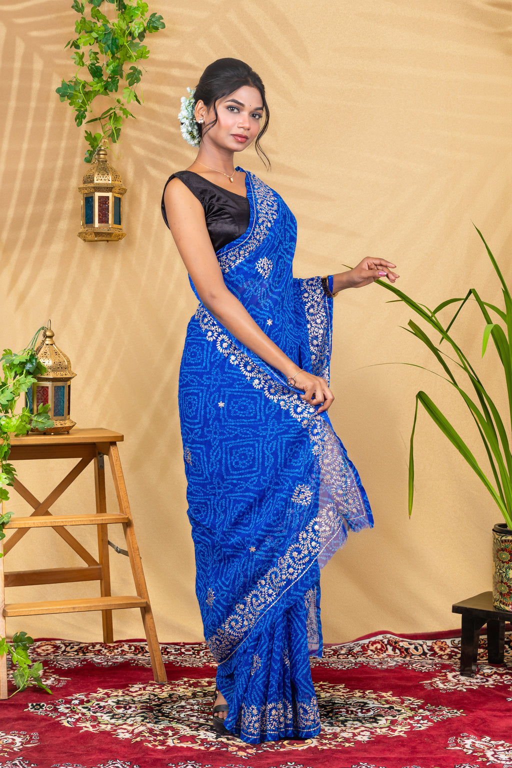Neel Noor—Silver Hand-Embroidered Bandhani Chiffon Saree