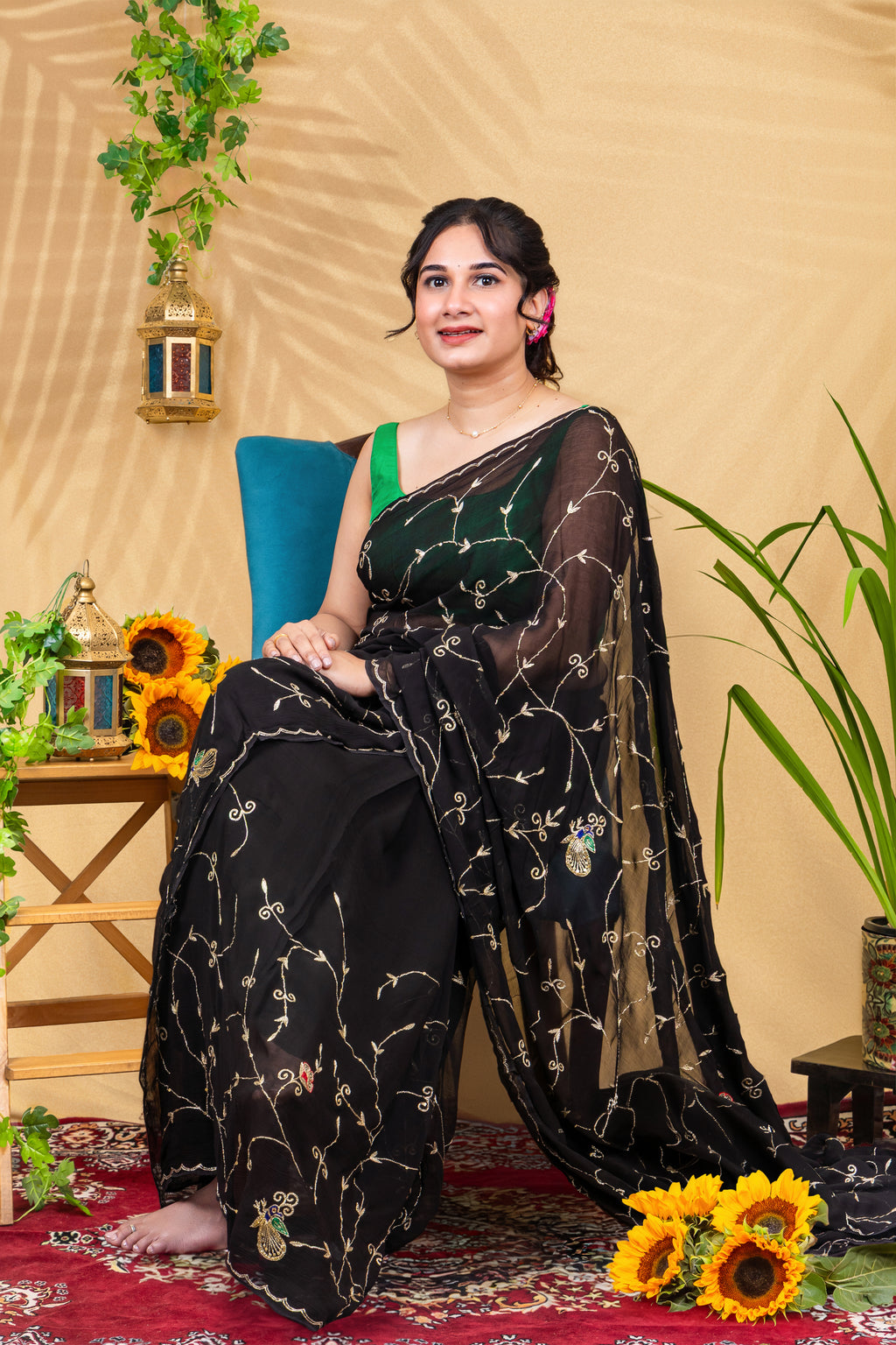 Midnight Mayura—Pure Chiffon Peacock Embroidered Saree