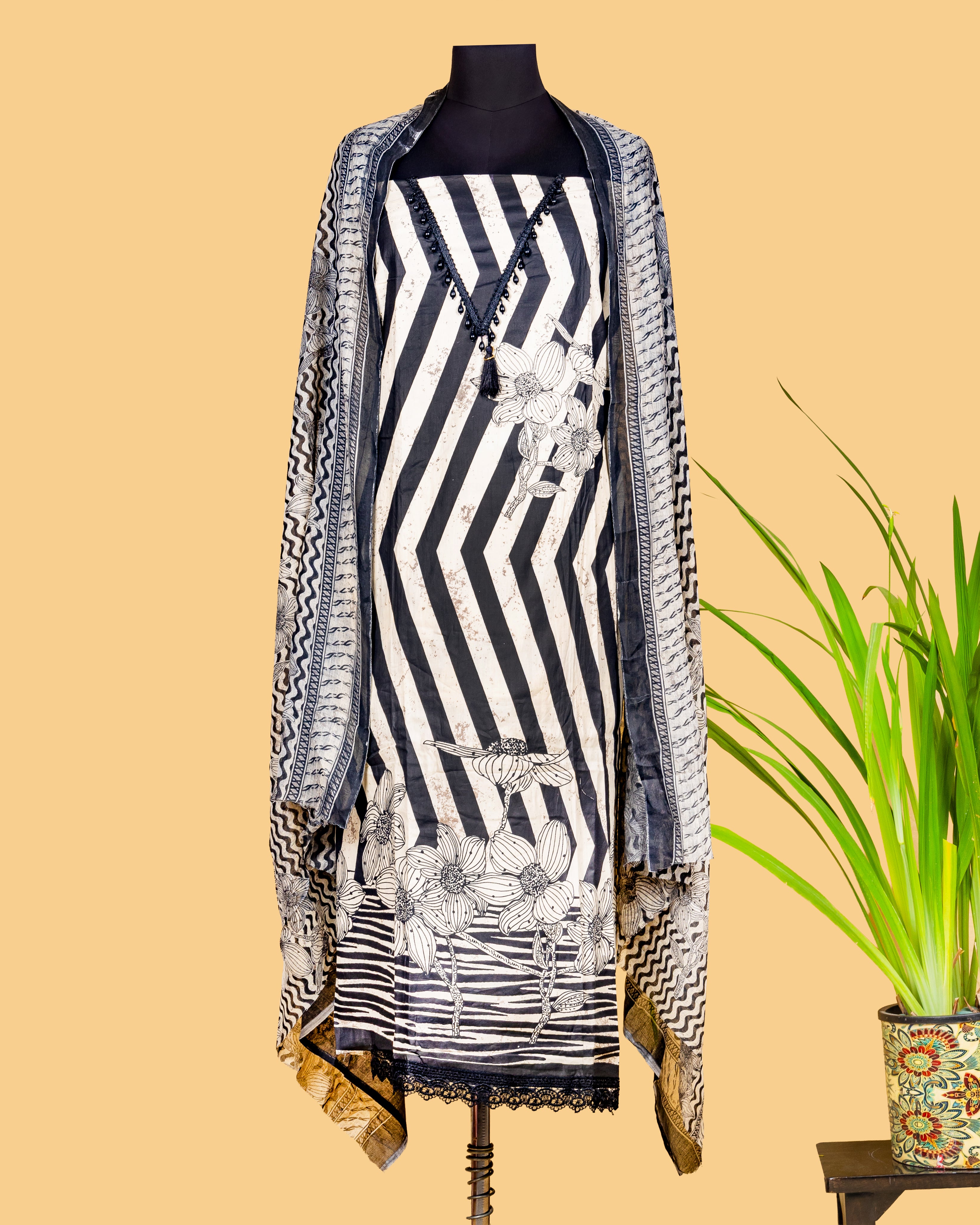 Monochrome Chevron Bloom Dress Material