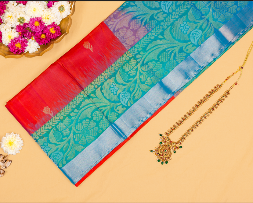 Mayura Teal Pallu—Red Silk Saree