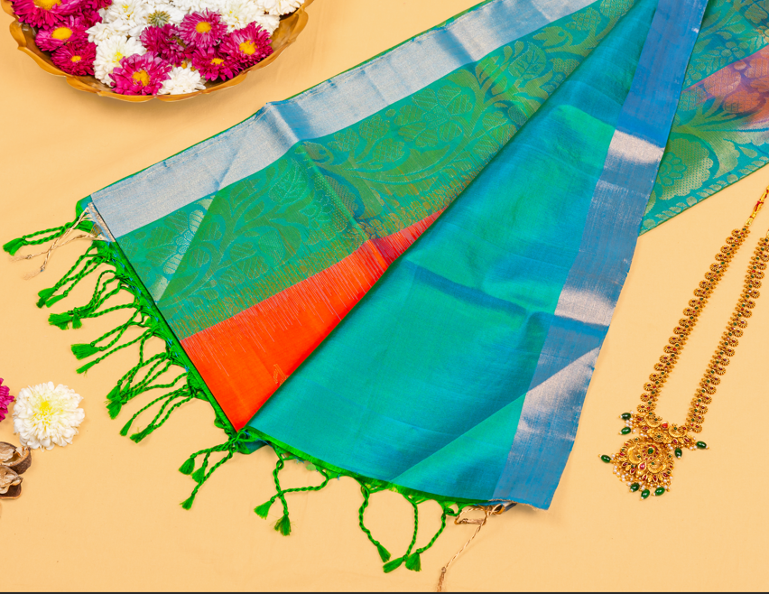 Mayura Teal Pallu—Red Silk Saree