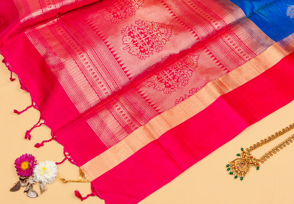 Blue Jewel Pink Pallu Silk Saree